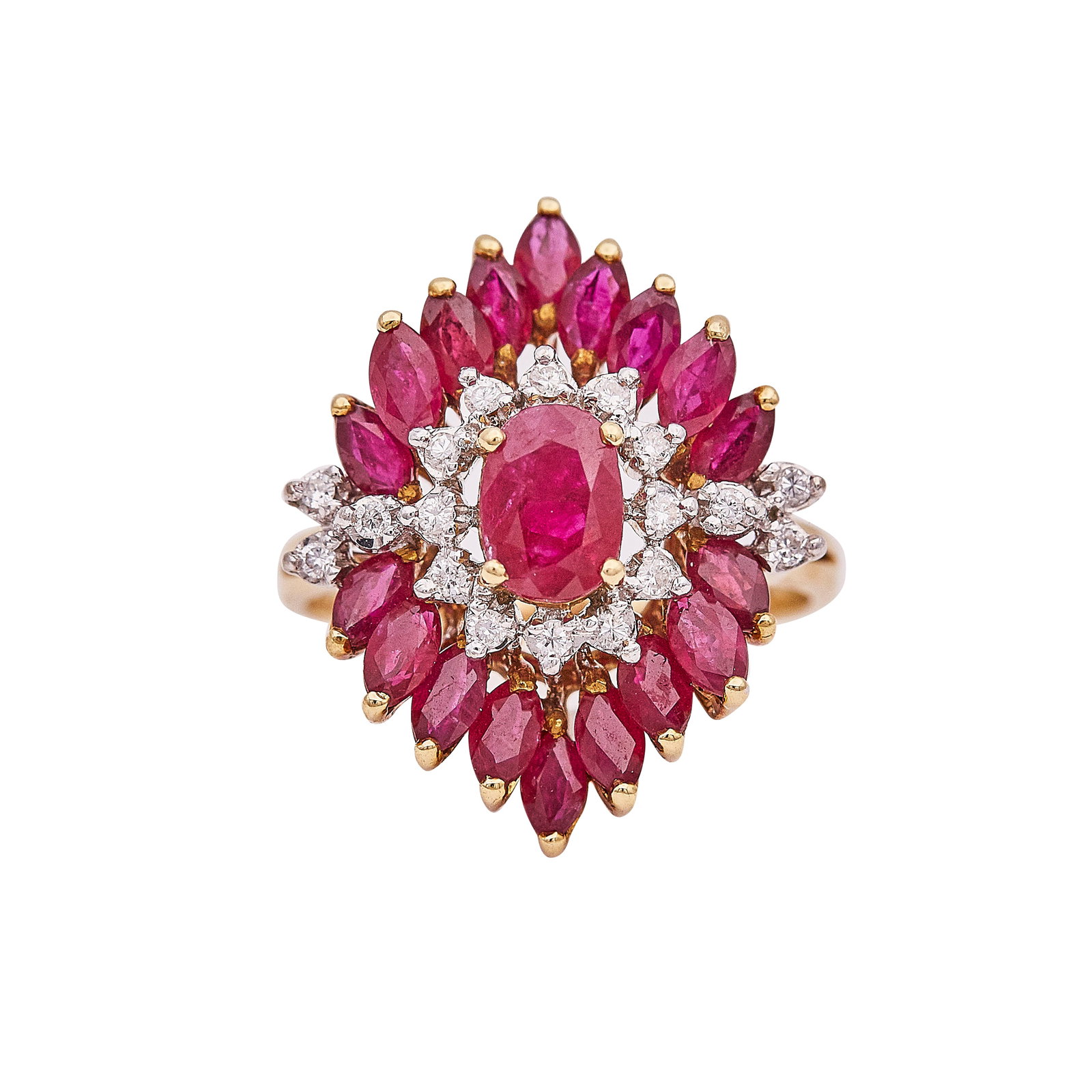 18K Yellow Gold Ruby And Diamond Halo Cocktail Ring: METAL: 18K Yellow Gold; APPROXIMATE TOTAL DIAMOND WEIGHT: 0.12 ctw; GEMSTONES: Rubies weighing approx. 2.08 cttw; center ruby with abrasions on table and chips on girdle; STAMPED: 750, maker's mark, L