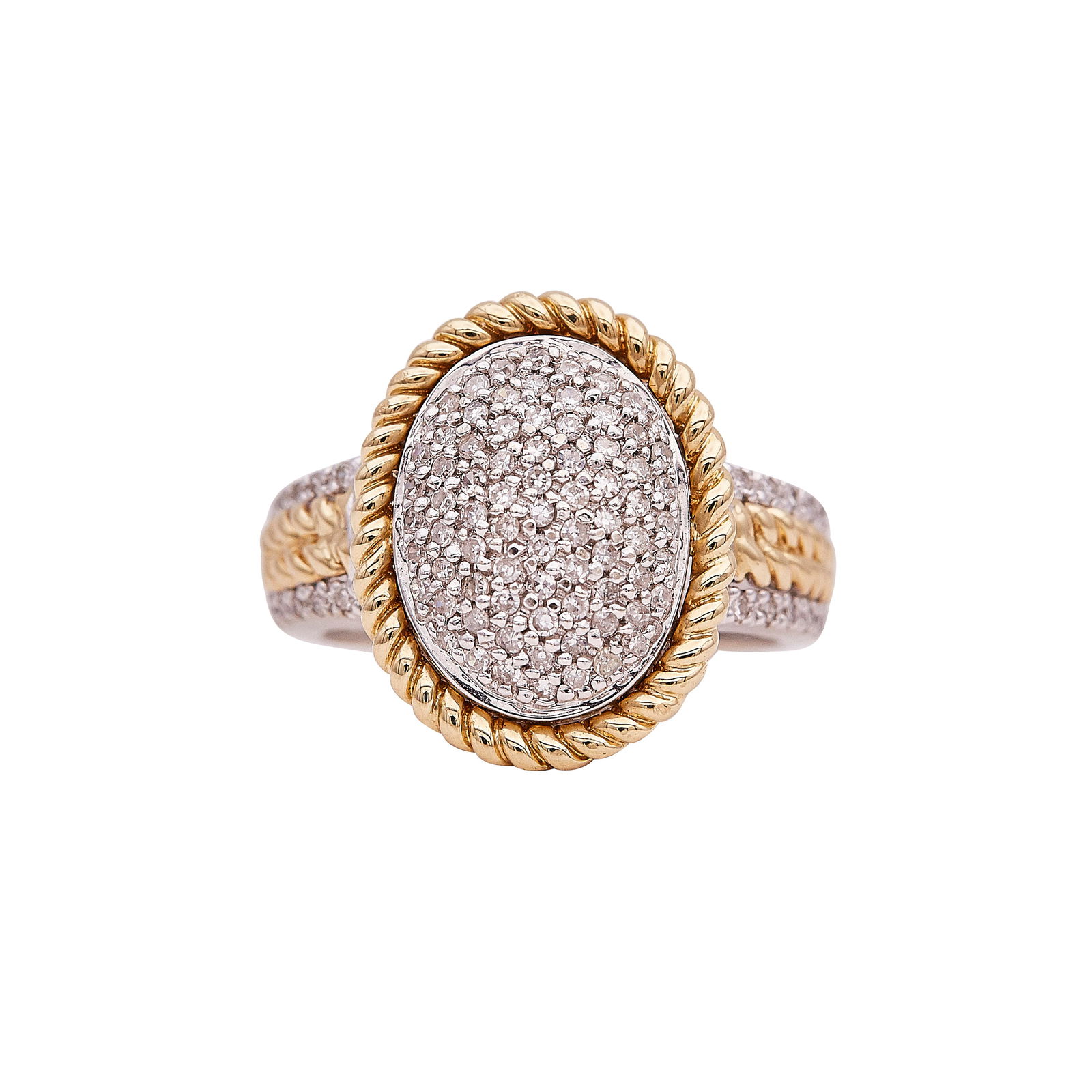 14K Yellow And White Gold Pave Diamond Cluster Ring: METAL: 14K Yellow Gold/White Gold; APPROXIMATE TOTAL DIAMOND WEIGHT: 0.29 ctw; STAMPED: 14K, 585, maker's mark; CONDITION: Pre-owned, Good; ITEM WEIGHT (GRAMS): 7 g; MEASUREMENTS: Ring size 6.75, ring