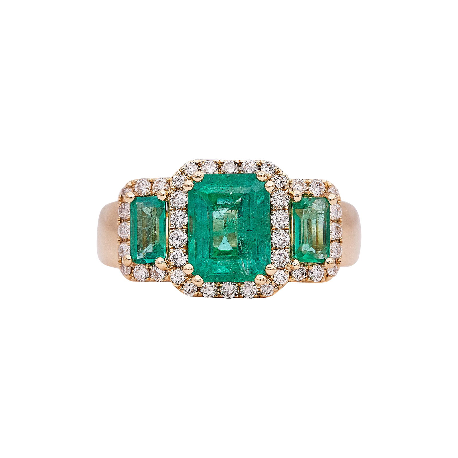 EFFY Brasilica 14K Yellow Gold Three-Stone Emerald And Diamond Halo Ring: BRAND: EFFY; METAL: 14K Yellow Gold; APPROXIMATE TOTAL DIAMOND WEIGHT: 0.33 ctw; GEMSTONES: Emeralds weighing 1.96 cttw, with small chips on table and girdle; STAMPED: 14K, EFFY; CONDITION: Pre-owned,