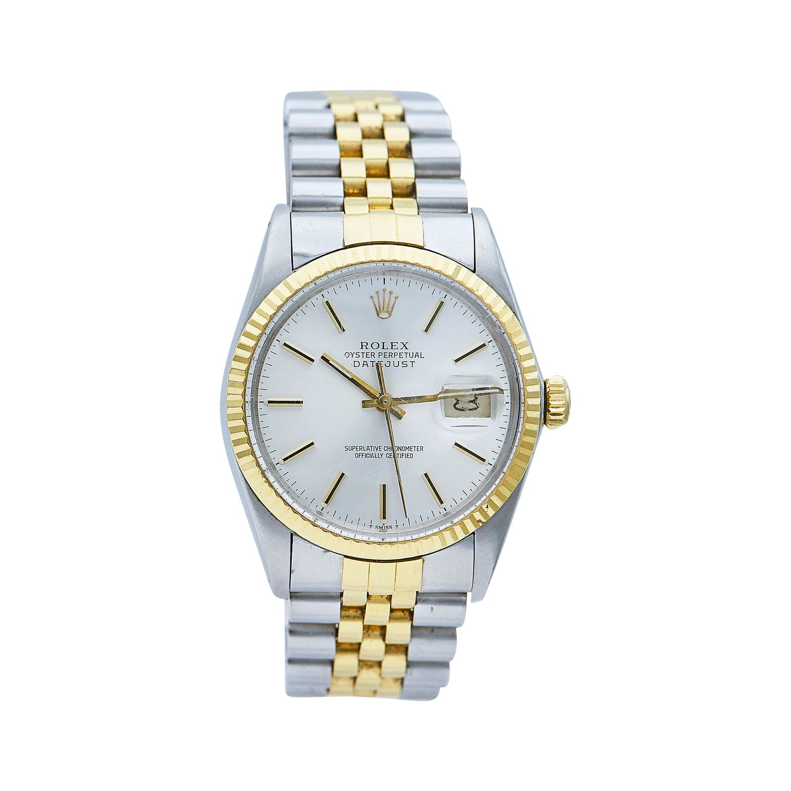 Rolex Datejust 18K Yellow Gold/SS Watch Ref. 16013, circa 1986: BRAND: Rolex; STYLE: Datejust; REF. #: 16013; CONDITION: Pre-owned, Good; YEAR: Circa 1986; ADDITIONAL COMMENTS: 8.9 mil serial, Scratches throughout acrylic crystal, Scratches and impacts throughout