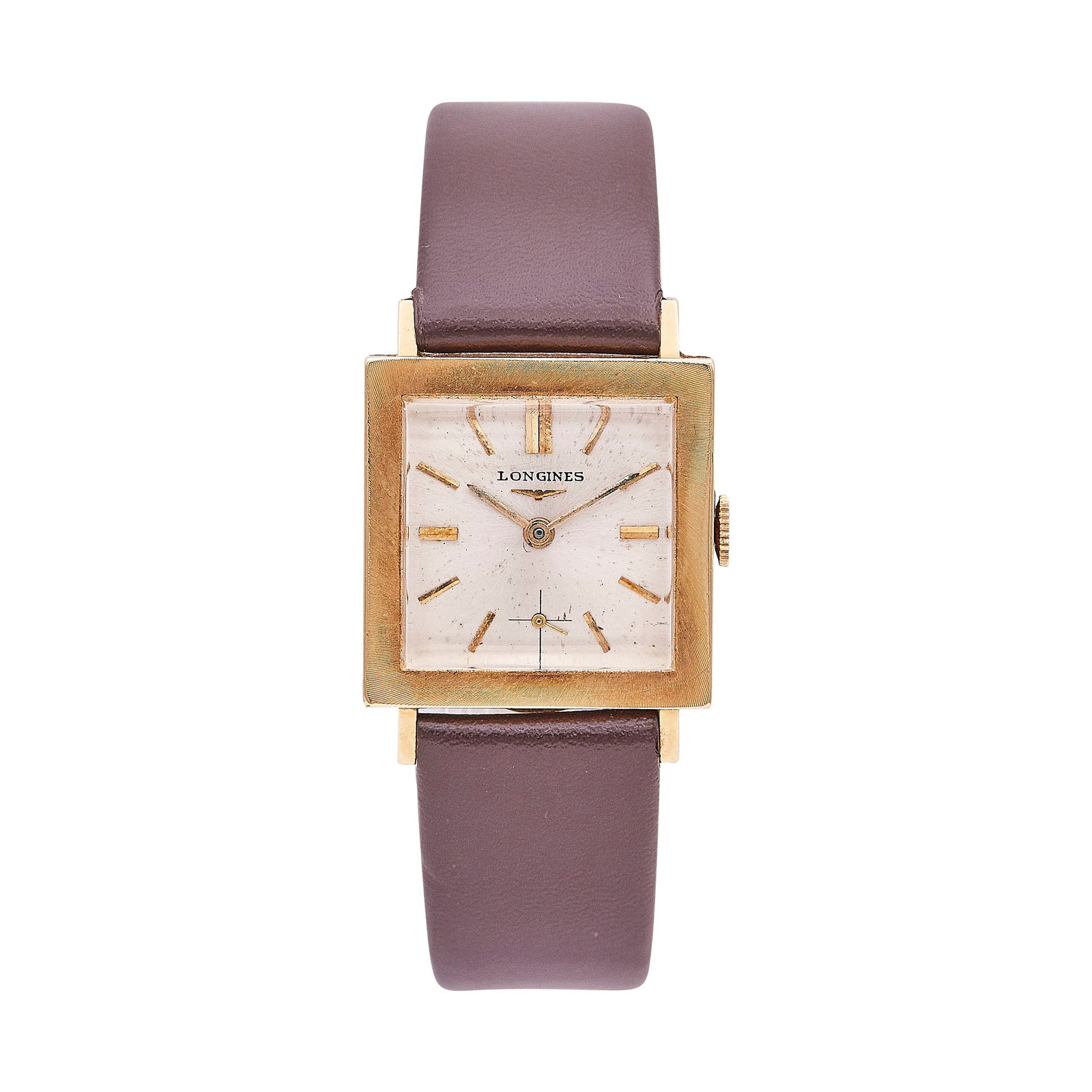 Logines 14K Yellow Gold Watch Ref. unknown, Circa 1955: BRAND: Longines; CONDITION: Pre-owned, Good; YEAR: Circa 1955; ADDITIONAL COMMENTS: Scratches on acrylic crystal, Debris on dial, Scratches throughout watch; BEZEL: 14K Yellow Gold; DIAL COLOR: Silver