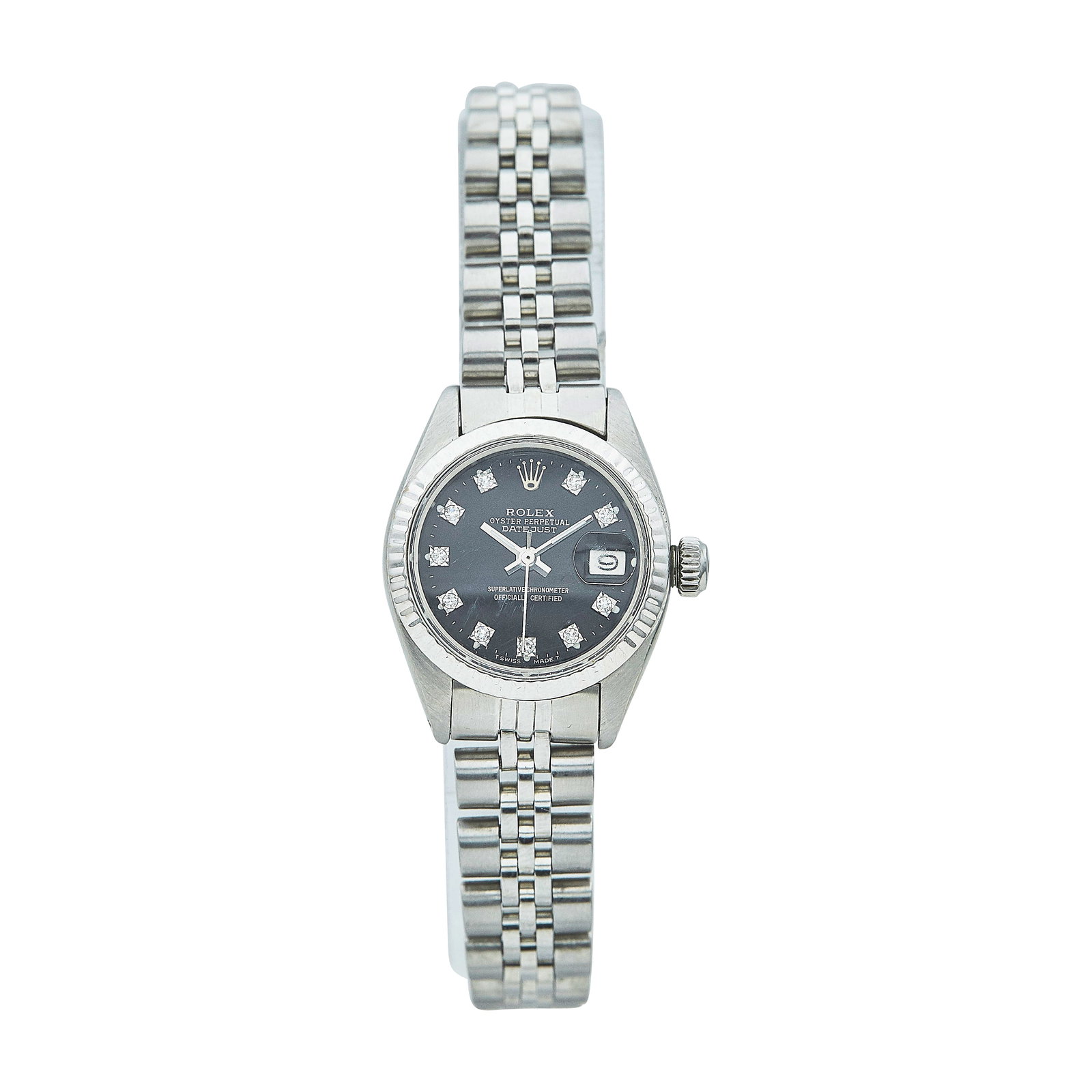 Rolex Datejust Stainless Steel Diamond Watch Ref. 6917, circa 1982: BRAND: Rolex; STYLE: Datejust; REF. #: 6917; CONDITION: Pre-owned, Very Good; YEAR: Circa 1982; ADDITIONAL COMMENTS: 8.0 mil serial, medium bracelet stretch, aftermarket dial, crystal with small chips