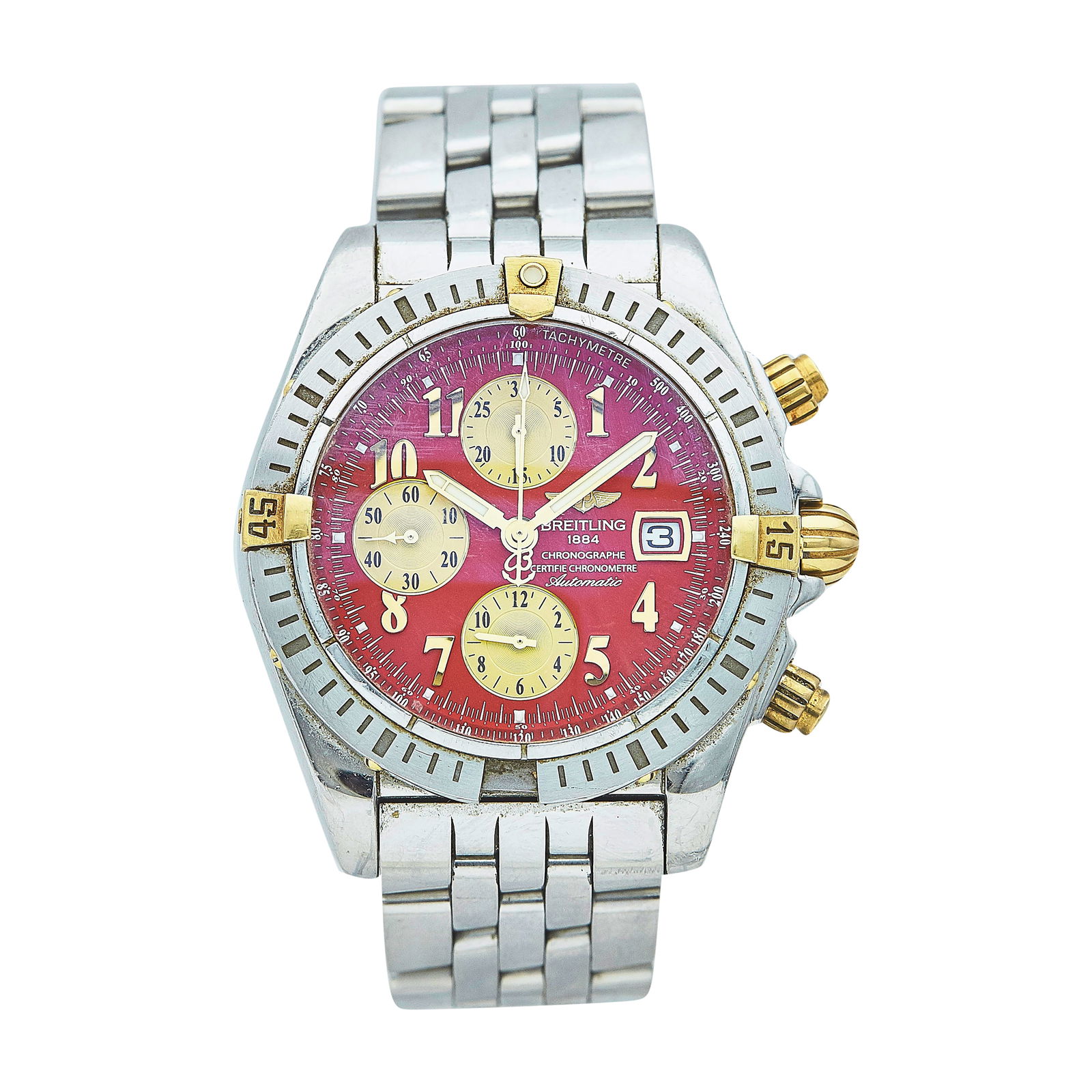 Breitling Chronograph Stainless Steel and 18K Yellow Gold Watch Ref. B13356, circa 2000: BRAND: Breitling; STYLE: Chronograph; REF. #: B13356; CONDITION: Pre-owned, Good; YEAR: Circa 2000; ADDITIONAL COMMENTS: Scratches throughout watch, Scuffs on upper lugs, Very light scratches on cryst