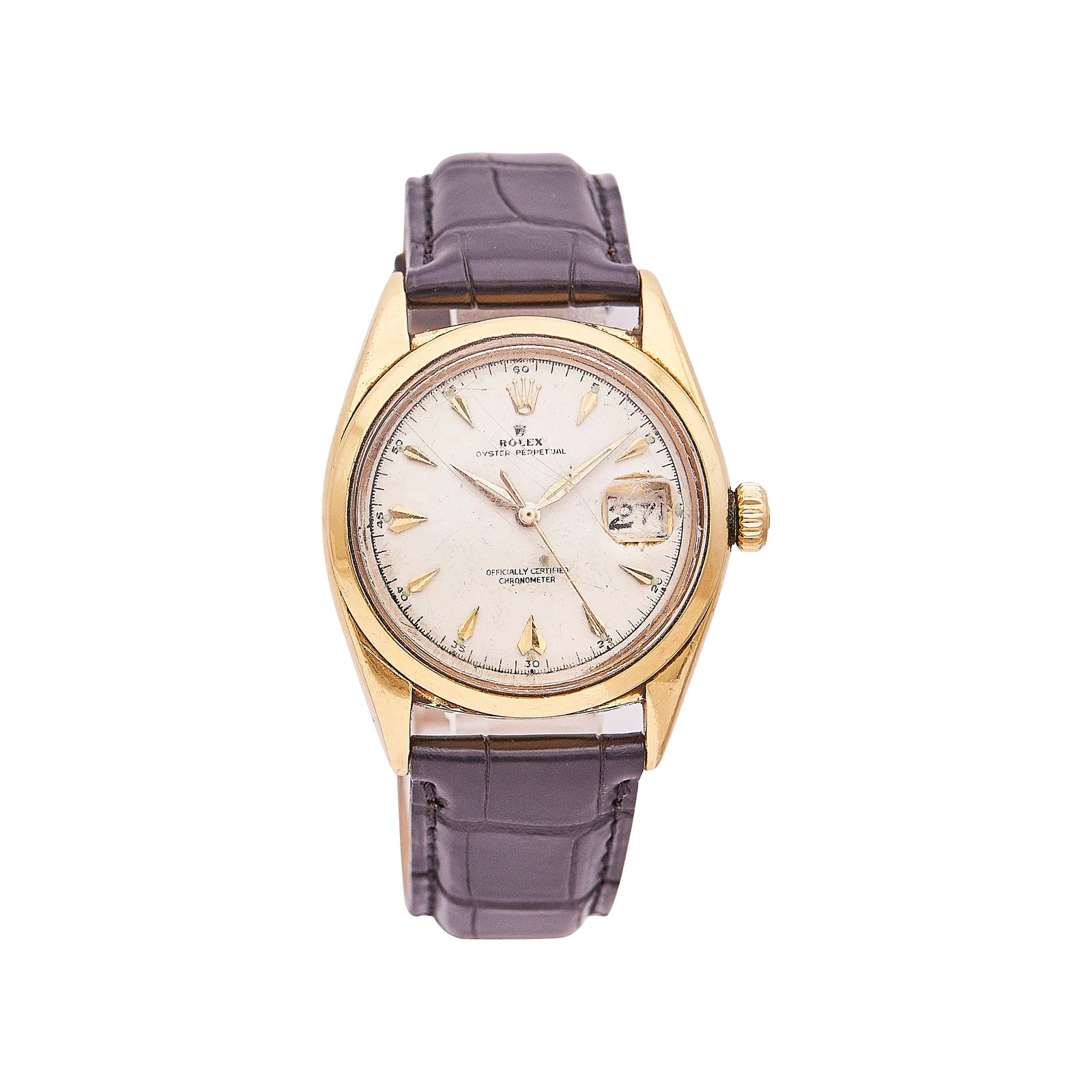 Rolex Oyster Perpetual 18K Yellow Gold Watch Ref. 6604, circa 1958: BRAND: Rolex; STYLE: Oyster Perpetual; REF. #: 6604; CONDITION: Pre-owned, Fair; YEAR: Circa 1958; ADDITIONAL COMMENTS: Not running - service intervention required, Jaeger Le Coultre black alligator l