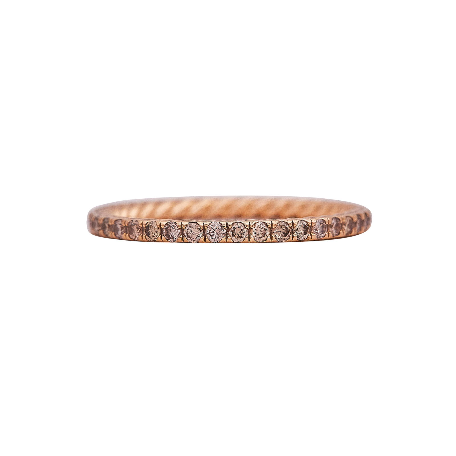 David Yurman Eden 18K Rose Gold And Cognac Diamond Eternity Band: BRAND: David Yurman; METAL: 18K Rose Gold; APPROXIMATE TOTAL DIAMOND WEIGHT: 0.49 ctw; STAMPED: D.Y. 750; CONDITION: Pre-owned, Good; ITEM WEIGHT (GRAMS): 1.9 g; MEASUREMENTS: Ring size 7.25