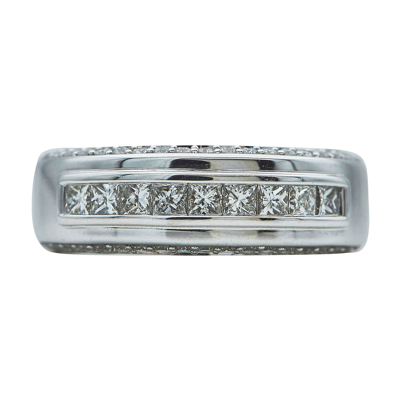 Vera Wang Love 14K White Gold Diamond Band Ring: BRAND: Vera Wang; COLLECTION: Love; METAL: 14K White Gold; APPROXIMATE TOTAL DIAMOND WEIGHT: 1 ctw; STAMPED: VERA WANG LOVE, 14kt; CONDITION: Pre-owned, Very Good; ITEM WEIGHT (GRAMS): 7.9 g; MEASUREM