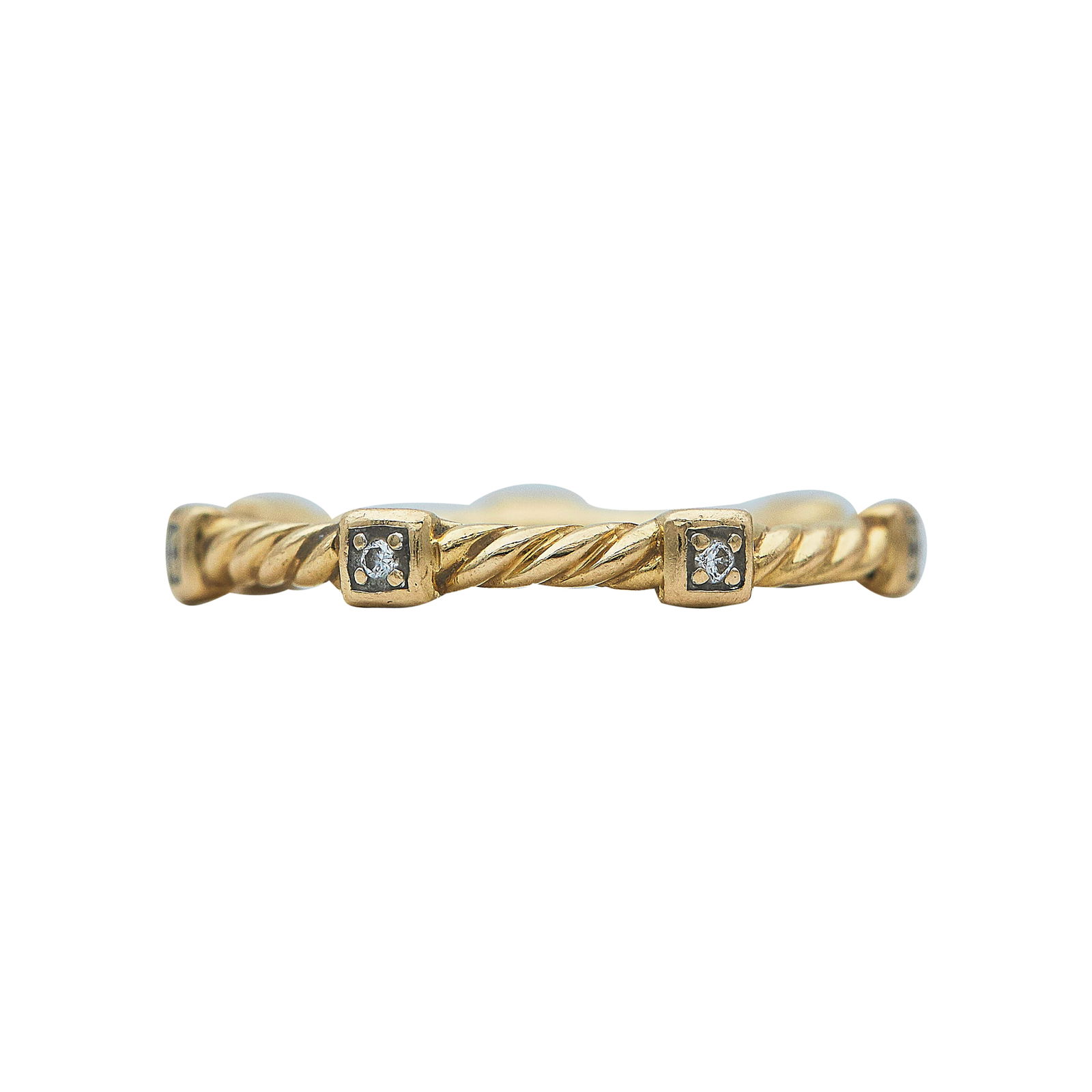 David Yurman Cable Collectibles 18K Rose Gold Diamond Station Stacking Ring: BRAND: David Yurman; METAL: 18K Rose Gold; APPROXIMATE TOTAL DIAMOND WEIGHT: 0.06 ctw; STAMPED: D.Y. 750; CONDITION: Pre-owned, Good; ITEM WEIGHT (GRAMS): 3 g; MEASUREMENTS: Ring size 7.25