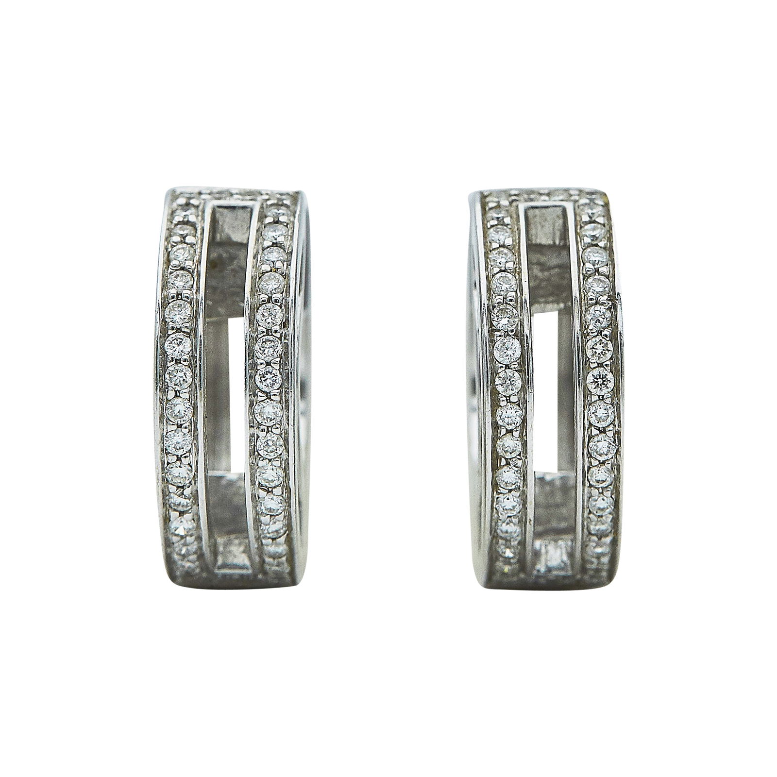 18K White Gold and Diamond Hoop Earrings: METAL: 18K White Gold; APPROXIMATE TOTAL DIAMOND WEIGHT: 0.36 ctw; STAMPED: Maaker's mark, 750; CONDITION: Pre-owned, Good; ITEM WEIGHT (GRAMS): 13.78 g; MEASUREMENTS: Earrings 3/4 inch in diameter; A