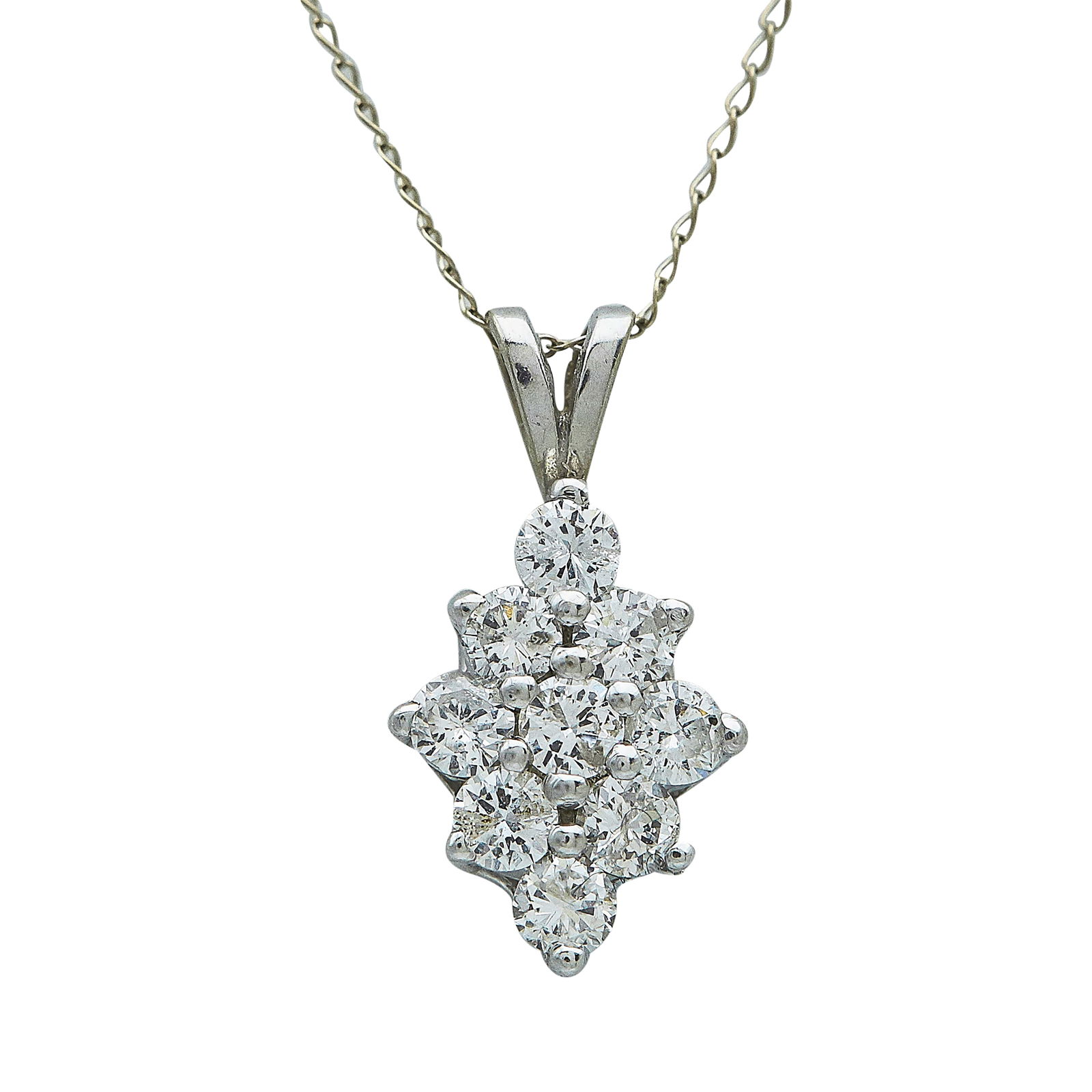 14K White Gold and Diamond Kite Shaped Pendant Necklace: METAL: 14K White Gold; APPROXIMATE TOTAL DIAMOND WEIGHT: 0.90 ctw; STAMPED: Chain marked: Maker's mark, 14K; TESTED: 14K White Gold; CONDITION: Pre-owned, Very Good; ITEM WEIGHT (GRAMS): 2.36 g; MEASU