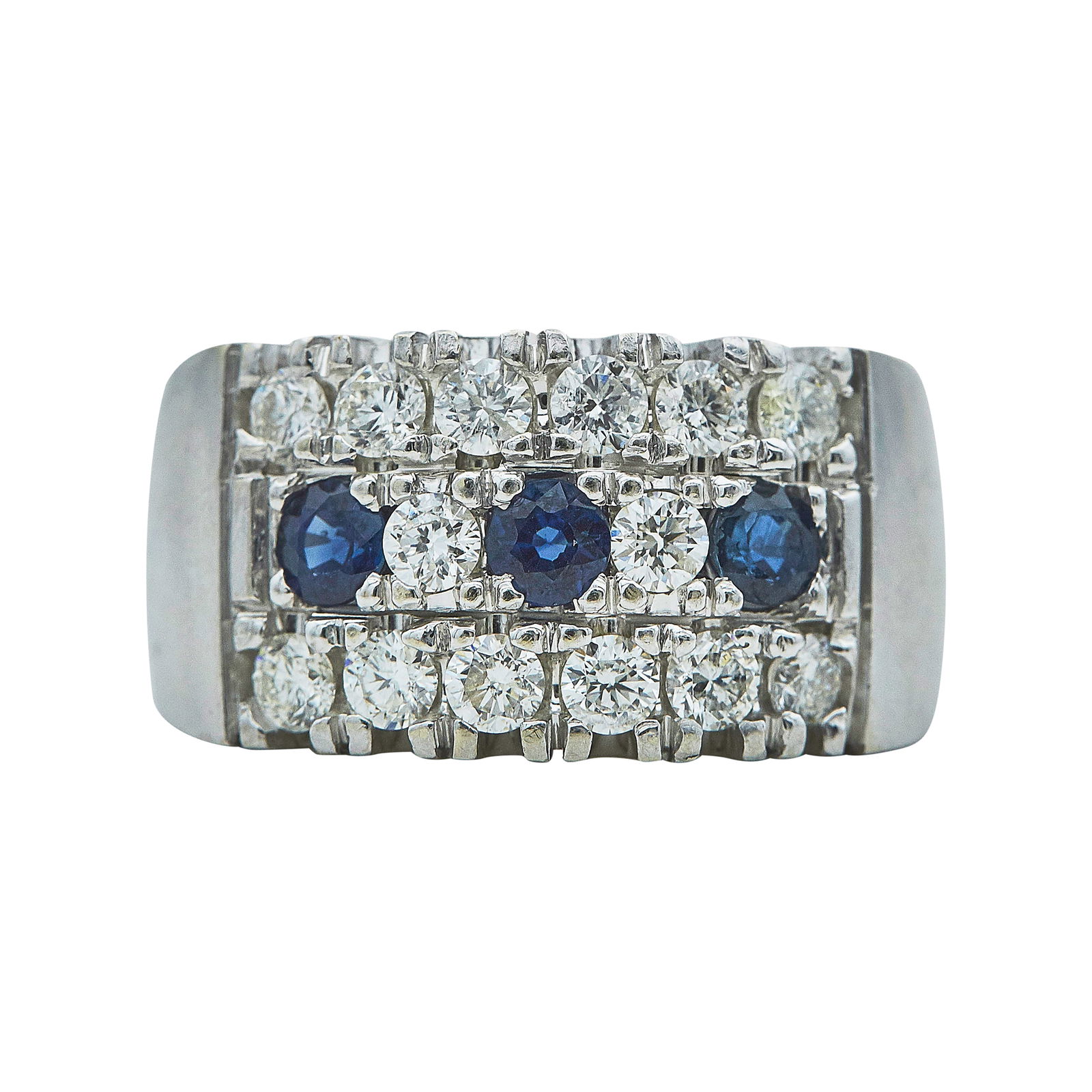 10K White Gold Sapphire and Diamond Band Ring: METAL: 10K White Gold; APPROXIMATE TOTAL DIAMOND WEIGHT: 1.40 ctw; GEMSTONES: Sapphires approx. 0.81 carat; TESTED: 10K White Gold; CONDITION: Pre-owned, Good; ITEM WEIGHT (GRAMS): 18.05 g; MEASUREMEN