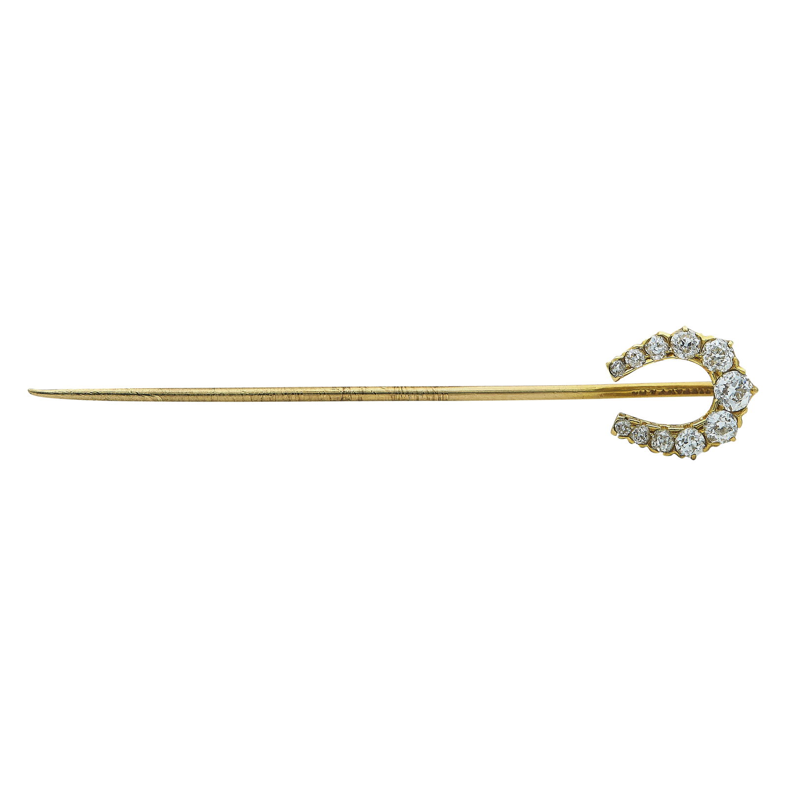 Antique Tiffany & Co. 18K Yellow Gold and Old European Cut Diamond Stick Pin: BRAND: Tiffany & Co.; METAL: 18K Yellow Gold; APPROXIMATE TOTAL DIAMOND WEIGHT: 0.68 ctw; STAMPED: Tiffany & Co; TESTED: 18K Yellow Gold; CONDITION: Pre-owned, Good; ITEM WEIGHT (GRAMS): 2.56 g; MEASU
