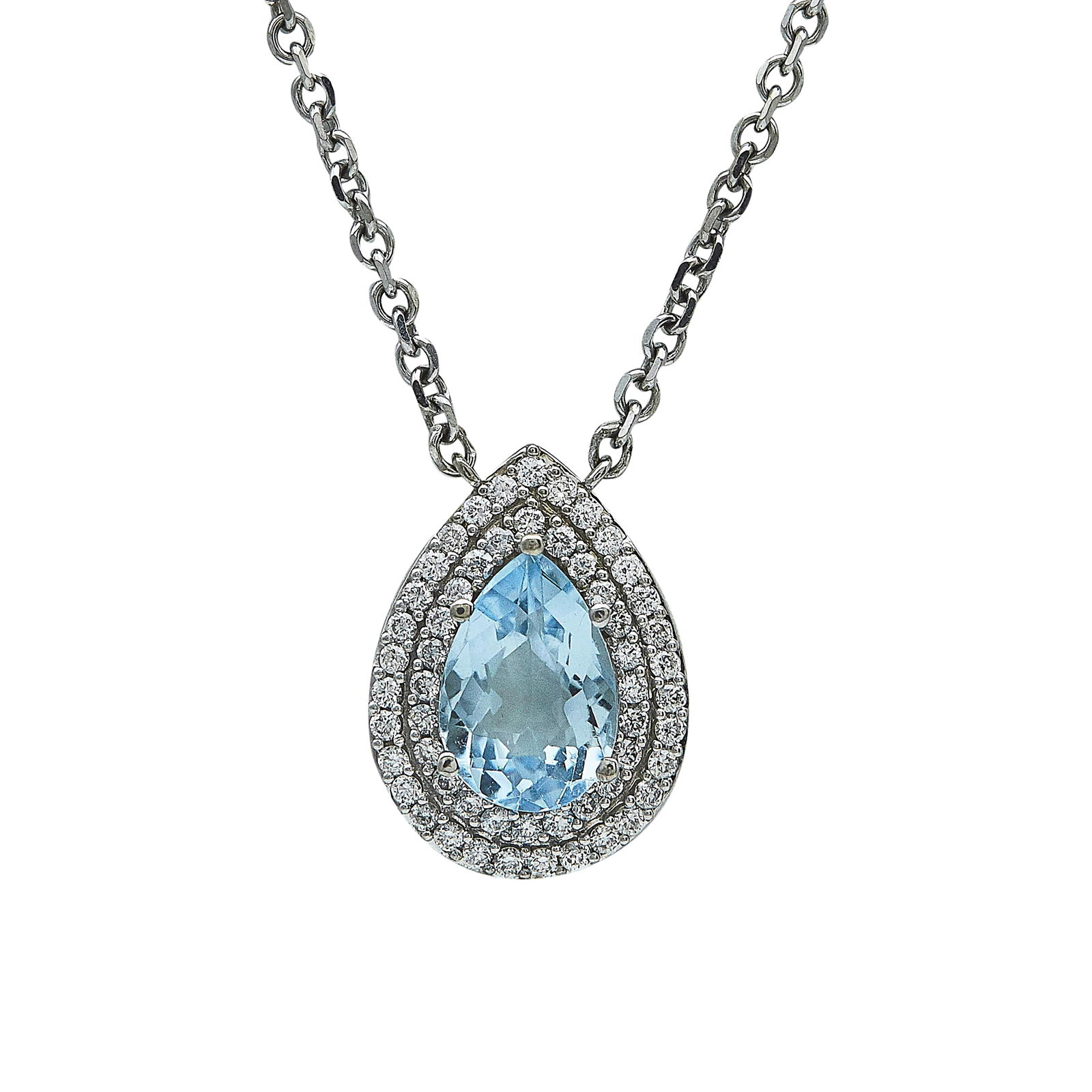 14K White Gold Pear Cut Aquamarine and Diamond Cluster Pendant Necklace: METAL: 14K White Gold; APPROXIMATE TOTAL DIAMOND WEIGHT: 0.28 ctw; GEMSTONES: Aquamarine approx. 1.30 carats; STAMPED: 14KT QGI S. Africa 585; CONDITION: Pre-owned, Very Good; ITEM WEIGHT (GRAMS): 6.0