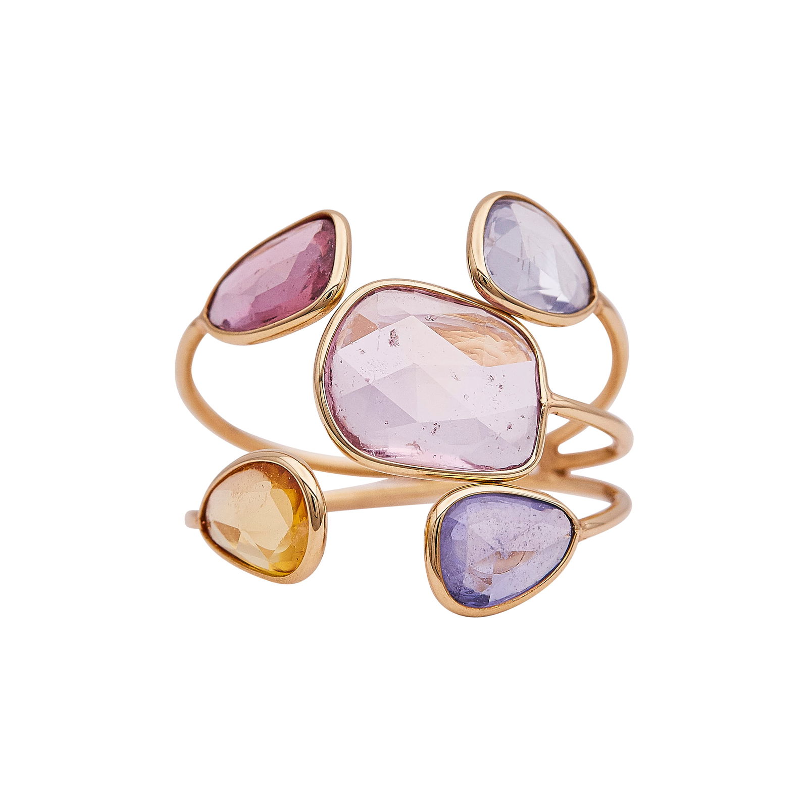 18K Yellow Gold and Multicolored Sapphire Bypass Ring: METAL: 18K Yellow Gold; GEMSTONES: Multicolored sapphires; TESTED: 18K Yellow Gold; CONDITION: Pre-owned, Very Good; ITEM WEIGHT (GRAMS): 3.23 g; MEASUREMENTS: Ring size 7 1/2, Ring 7/8 inch wide