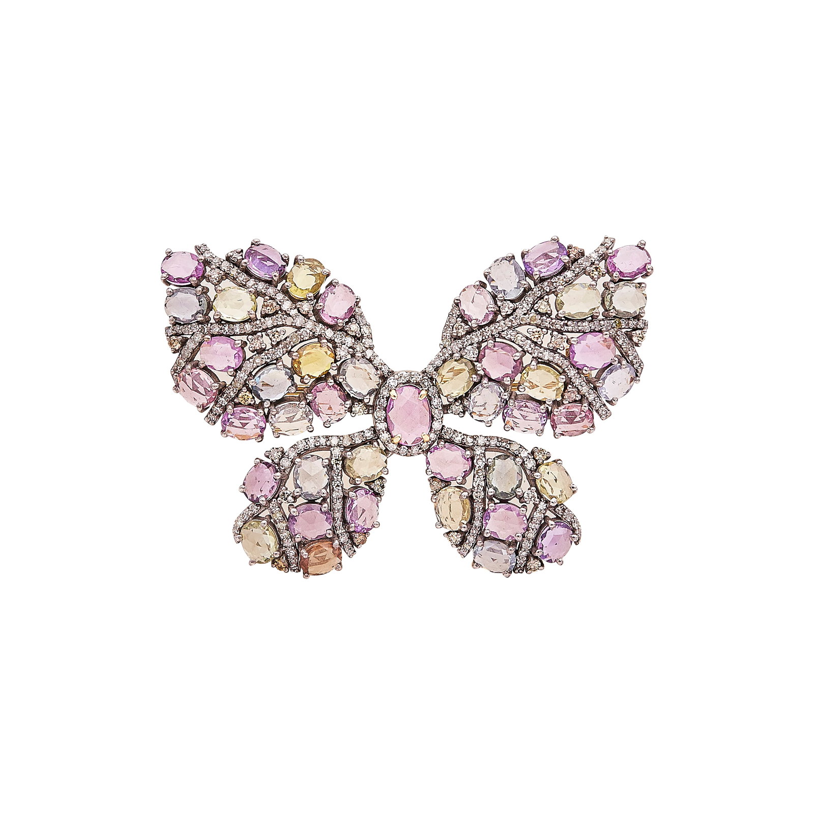 14K White and Yellow Gold Rose Cut Multicolored-Sapphire and Diamond Brooch: METAL: 14K Yellow Gold/White Gold; APPROXIMATE TOTAL DIAMOND WEIGHT: 1 ctw; GEMSTONES: Multicolored-sapphires; STAMPED: 14K; CONDITION: Pre-owned, Good; ITEM WEIGHT (GRAMS): 16 g; MEASUREMENTS: Brooch