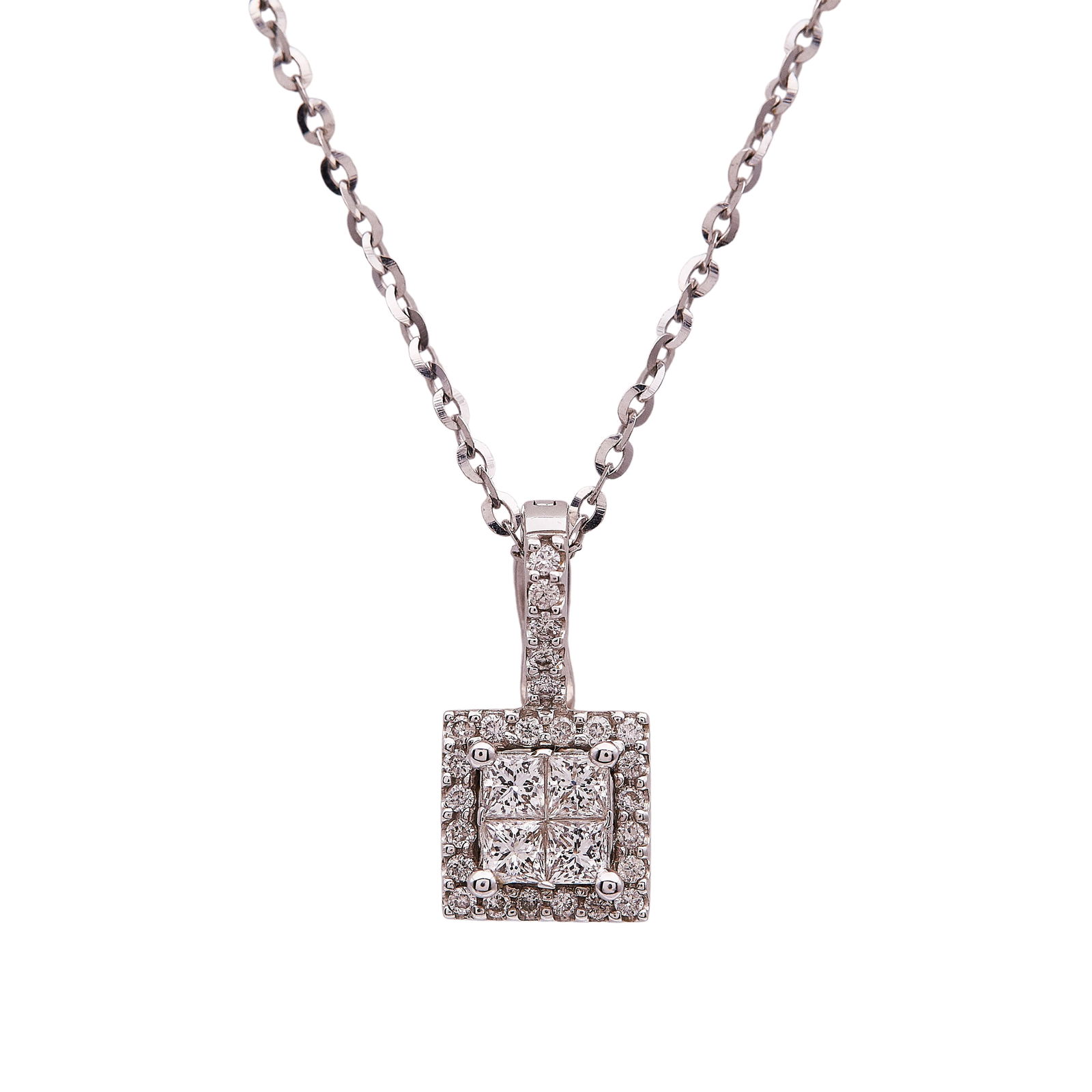 14K White Gold and Princess Cut Diamond Cluster Pendant Necklace: METAL: 14K White Gold; APPROXIMATE TOTAL DIAMOND WEIGHT: 0.73 ctw; STAMPED: Pendant stamped: 14KT CEI RE37.201E; Chain stamped: Made in Italy 14Kt CEI; CONDITION: Pre-owned, Very Good; ITEM WEIGHT (GR