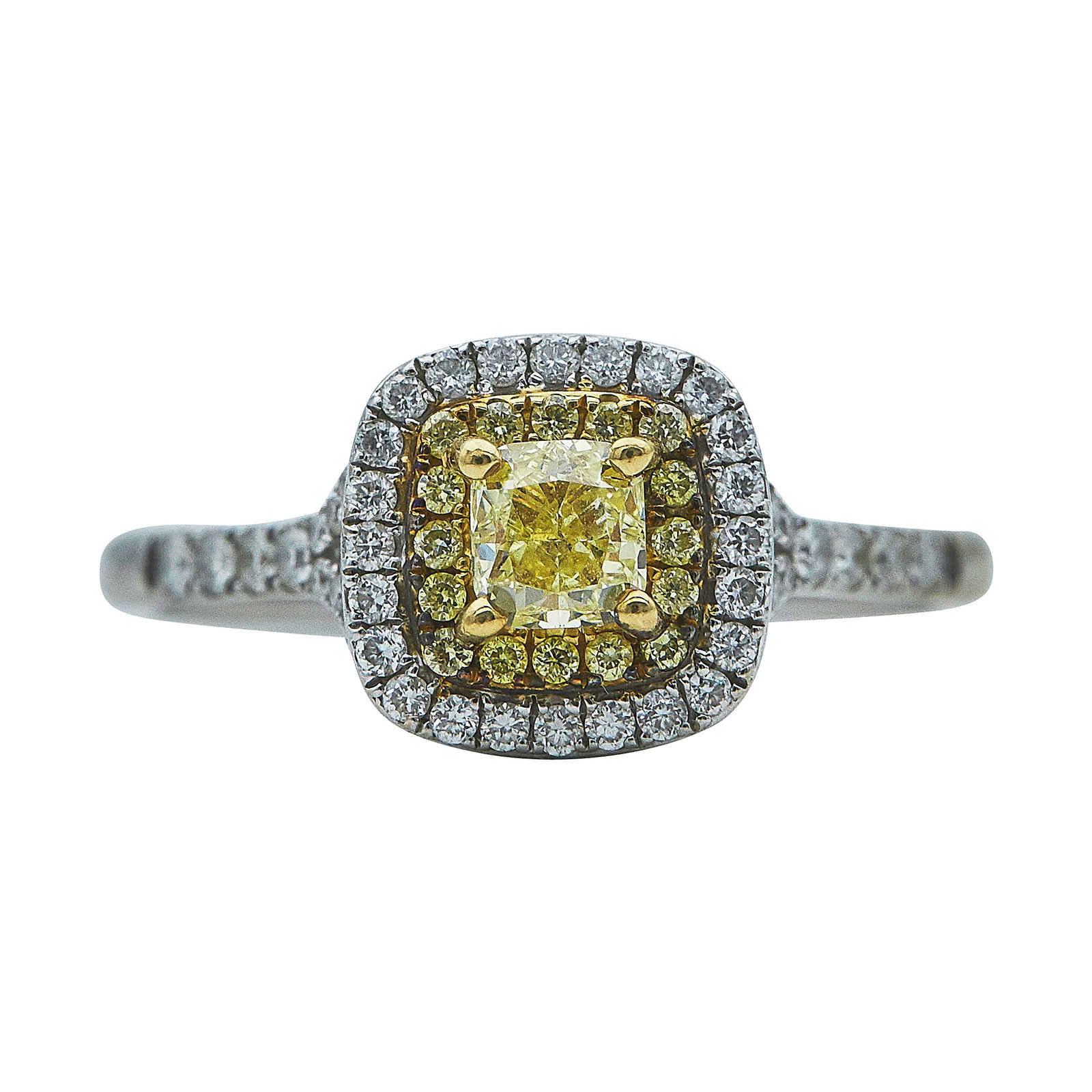 18K White and Yellow Gold Fancy Yellow and Colorless Diamond Engagement Ring: METAL: 18K Yellow Gold/White Gold; APPROXIMATE TOTAL DIAMOND WEIGHT: 1.15 ctw; GEMSTONES: Fancy yellow diamond approx. 0.47 carat; STAMPED: H.J. NAMDAR 750; CONDITION: Pre-owned, Very Good; ITEM WEIGH