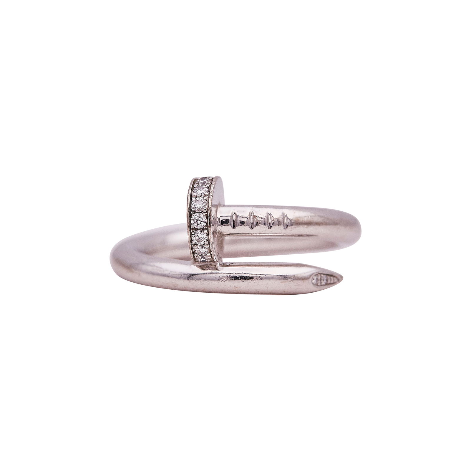 Cartier Juste un Clou 18K White Gold And Pave Diamond Ring: BRAND: Cartier; COLLECTION: Juste un Clou; METAL: 18K White Gold; APPROXIMATE TOTAL DIAMOND WEIGHT: 0.13 ctw; STAMPED: Cartier, 750, 52, numbered, makers mark; CONDITION: Pre-owned, Good; ITEM WEIGHT
