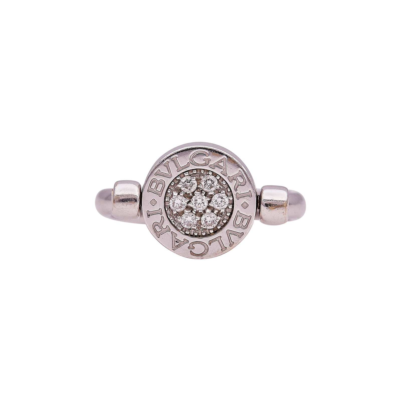 Bulgari Bvlgari-Bvlgari 18K White Gold Reversible Pave Diamond And Onyx Inlay Ring: BRAND: Bulgari; COLLECTION: Bulgari-Bulgari; METAL: 18K White Gold; APPROXIMATE TOTAL DIAMOND WEIGHT: 0.06 ctw; GEMSTONES: Onyx; STAMPED: MADE IN ITALY, 52, BVLGARI, 750, Italian makers mark; CONDITIO