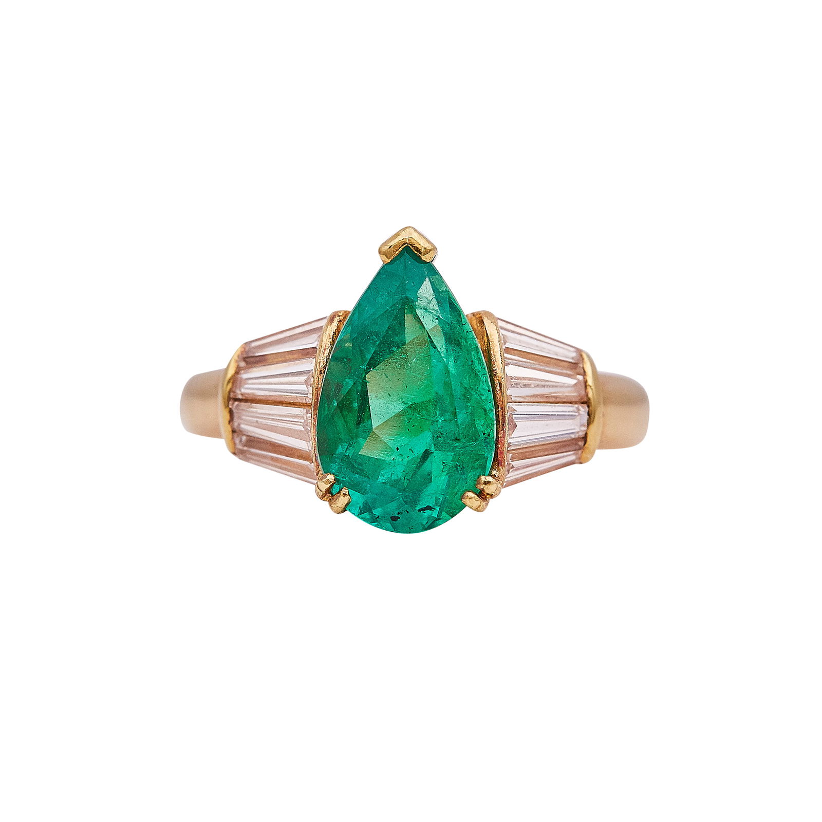 18K Yellow Gold Synthetic Emerald And Diamond Ring: METAL: 18K Yellow Gold; APPROXIMATE TOTAL DIAMOND WEIGHT: 1 ctw; GEMSTONES: Synthetic Emerald weighing approx. 2.15 carats; STAMPED: 750 LARRY; CONDITION: Pre-owned, Good; ITEM WEIGHT (GRAMS): 5.38 g;