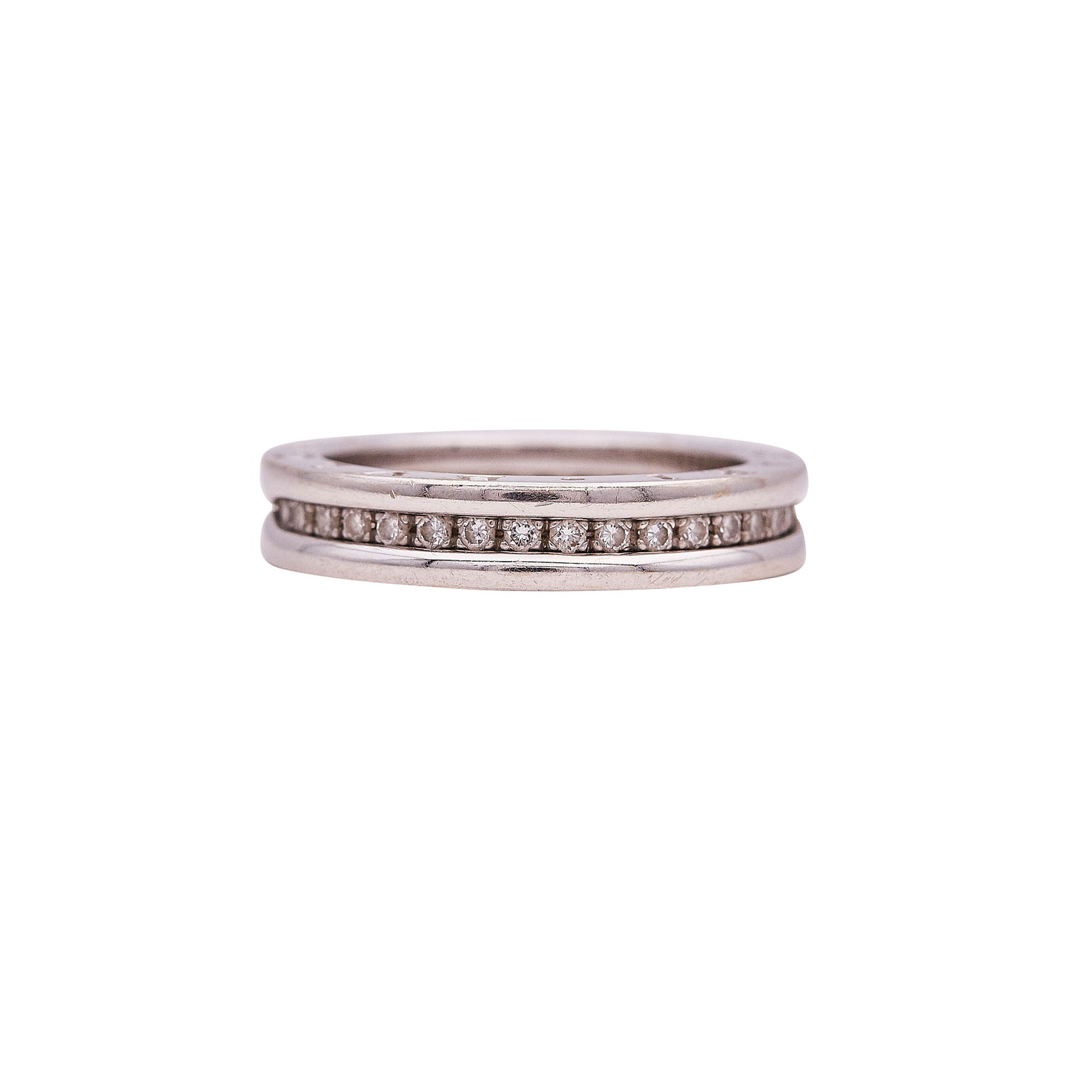 Bulgari B.zero1 18K White Gold And Diamond Band Ring: BRAND: Bulgari; COLLECTION: B.zero1; METAL: 18K White Gold; APPROXIMATE TOTAL DIAMOND WEIGHT: 0.34 ctw; STAMPED: 55, MADE IN ITALY, BVLGARI, 750, italian makers mark; CONDITION: Pre-owned, Good; ITEM