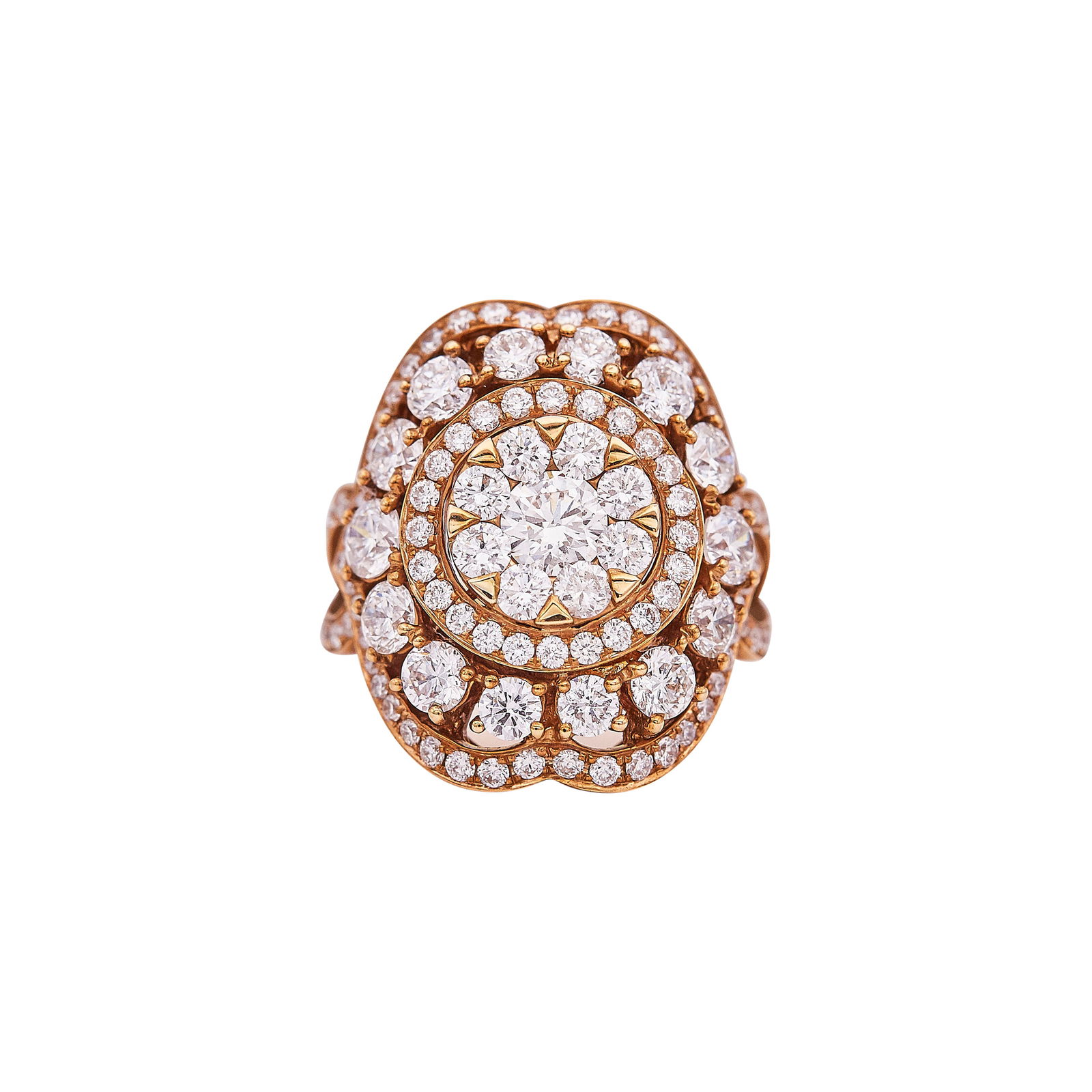 18K Yellow Gold and Diamond Cluster Ring: METAL: 18K Yellow Gold; APPROXIMATE TOTAL DIAMOND WEIGHT: 3.62 ctw; STAMPED: D228, D096, 1D038, YB, 750; CONDITION: Pre-owned, Very Good; ITEM WEIGHT (GRAMS): 13.5 g; MEASUREMENTS: Ring size 6, Center
