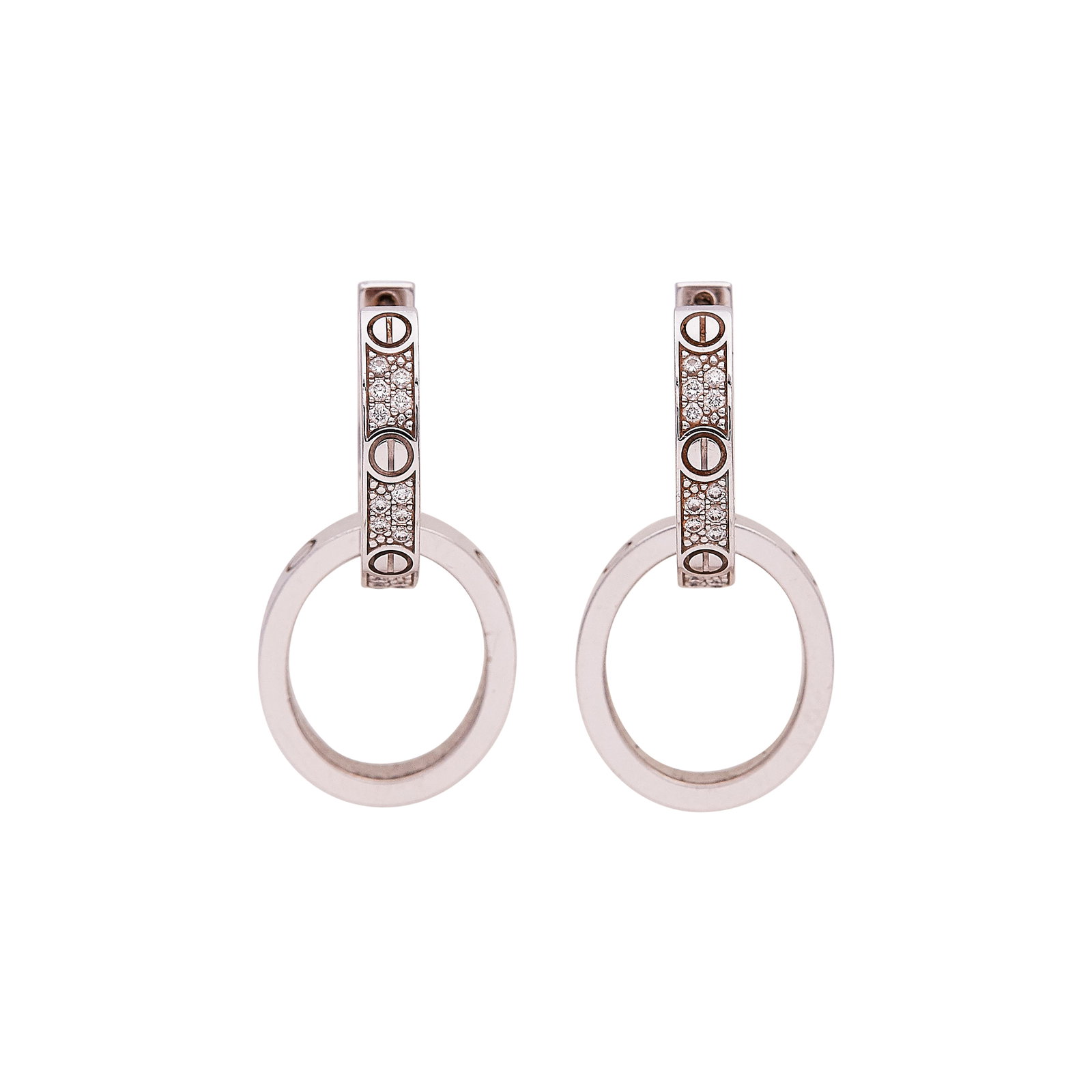 Cartier Love 18K White Gold Pave Diamond Hoop Earrings: BRAND: Cartier; COLLECTION: Love; METAL: 18K White Gold; SHAPE: RBC; APPROXIMATE TOTAL DIAMOND WEIGHT: 0.13 ctw; STAMPED: Cartier, 750, numbered, makers mark; CONDITION: Pre-owned, Very Good; ITEM WEI
