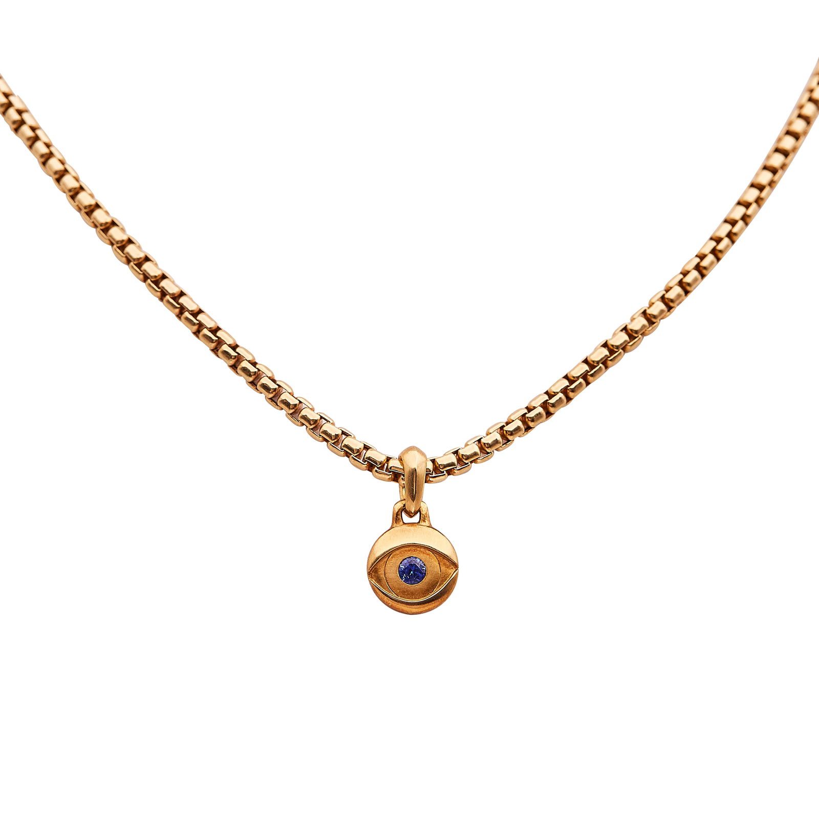 David Yurman 18K Yellow Gold Box Chain and Sapphire Pendant Necklace: BRAND: David Yurman; METAL: 18K Yellow Gold; GEMSTONES: Sapphire approx. 3.50mm in diameter; STAMPED: Pendant marked: © DY, 750; Chain marked DY, 750©; CONDITION: Pre-owned, Very Good; ITEM WEIGHT (
