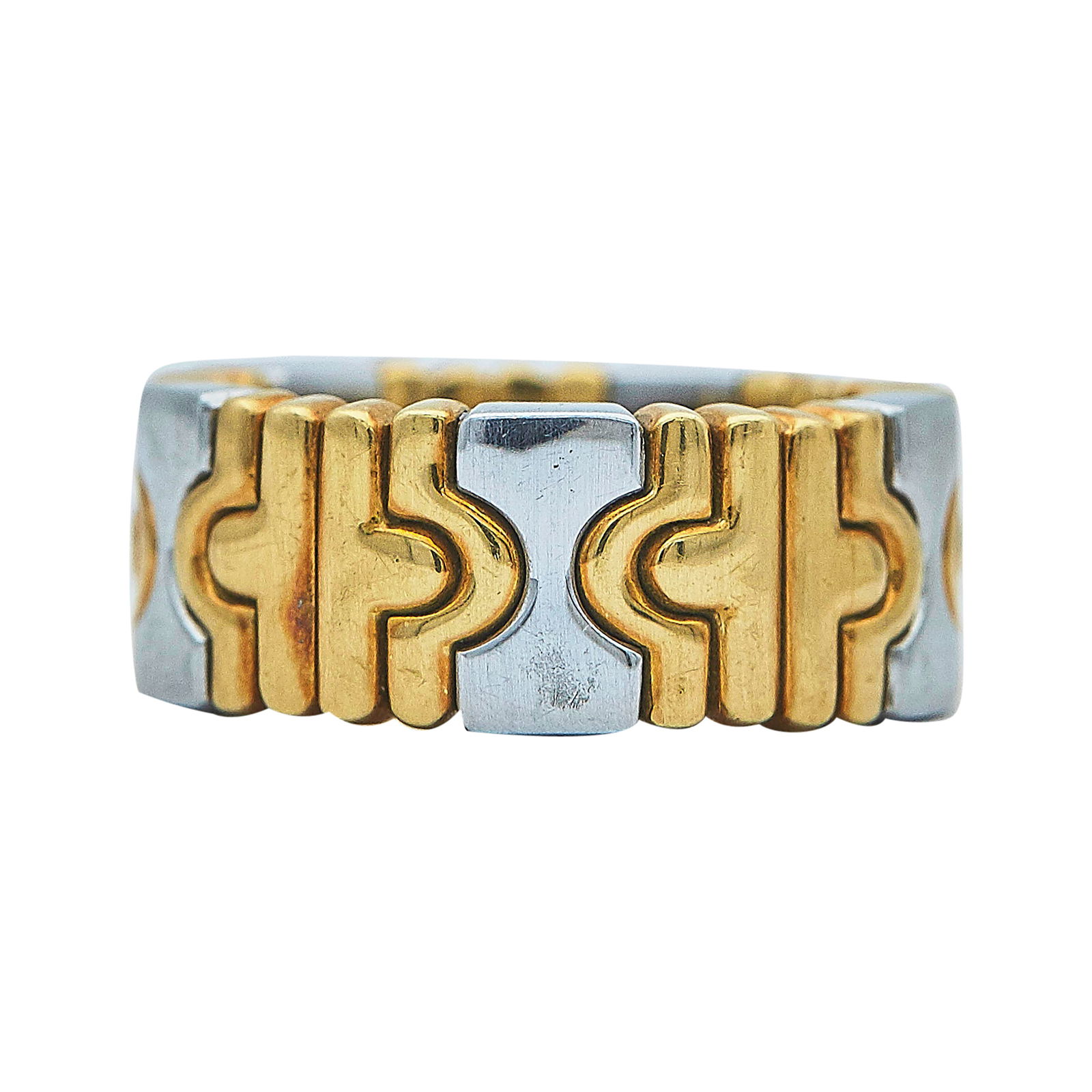 Bvlgari Bulgari 18K Yellow Gold and Stainless Steel Parentesi Band Ring: BRAND: Bulgari; COLLECTION: Parentesi; METAL: 18K Yellow Gold/Stainless Steel; STAMPED: 750, Italian workshop mark, Bvlgari; CONDITION: Pre-owned, Very Good; ITEM WEIGHT (GRAMS): 12.5 g; MEASUREMENTS: