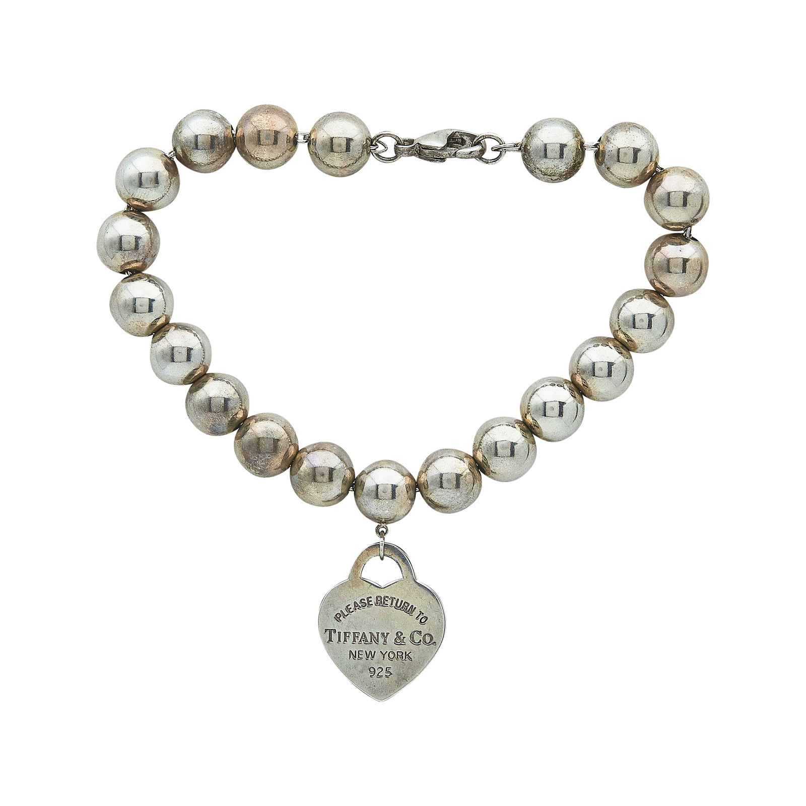 Tiffany & Co. Return To Tiffany Sterling Silver Heart Charm Bead Bracelet: BRAND: Tiffany & Co.; COLLECTION: Return To Tiffany; METAL: Silver; STAMPED: © Tiffany & Co., AG925; CONDITION: Pre-owned, Very Good; ITEM WEIGHT (GRAMS): 15.6 g; MEASUREMENTS: Bracelet 7 inches long