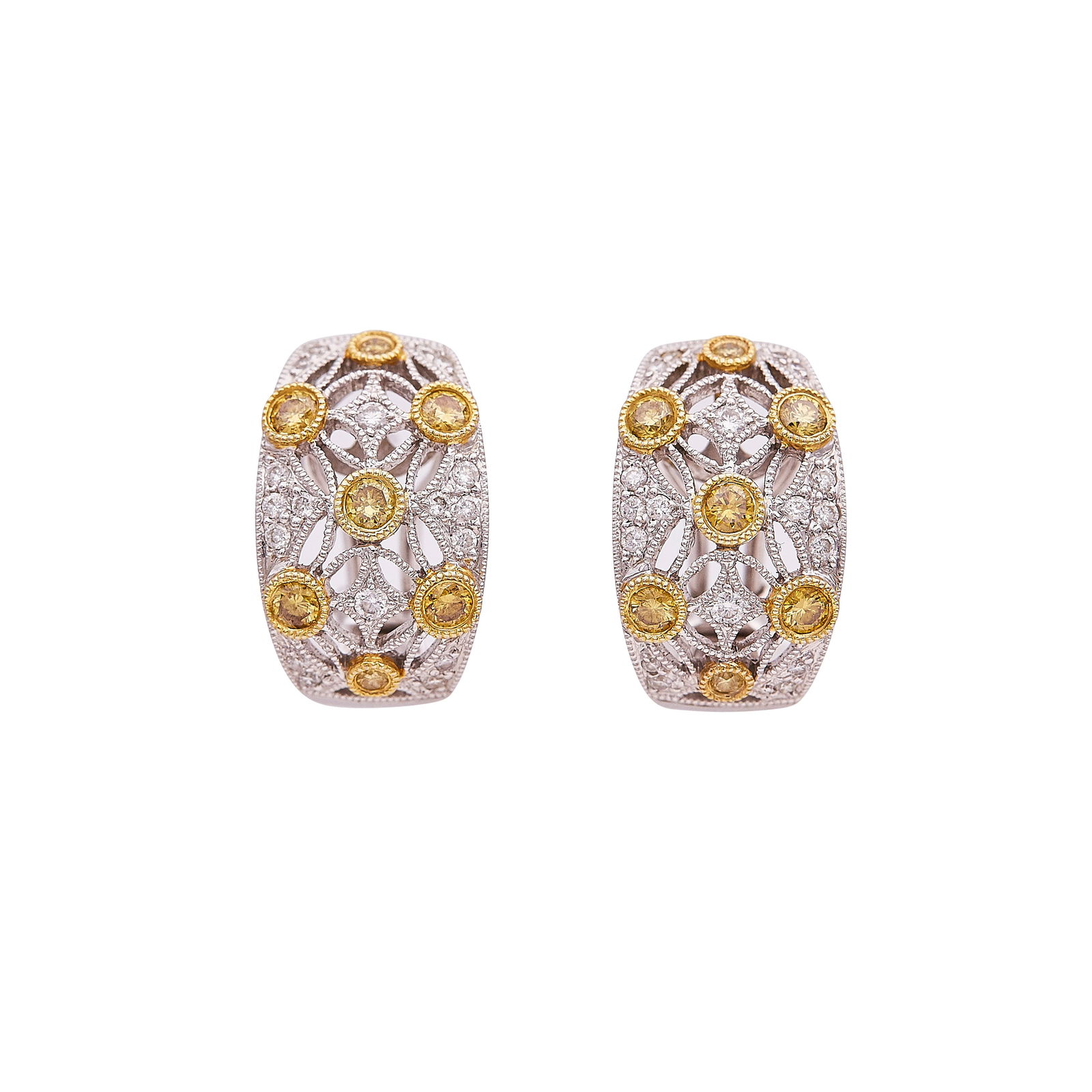 18K White Gold Diamond And Yellow Diamond Filigree J-Hoop Earrings: METAL: 18K White Gold; APPROXIMATE TOTAL DIAMOND WEIGHT: 0.25 ctw; GEMSTONES: Yellow diamonds weighing approx. 0.65 cttw; STAMPED: 18K, 750; CONDITION: Pre-owned, Good; ITEM WEIGHT (GRAMS): 8.7 g; MEA