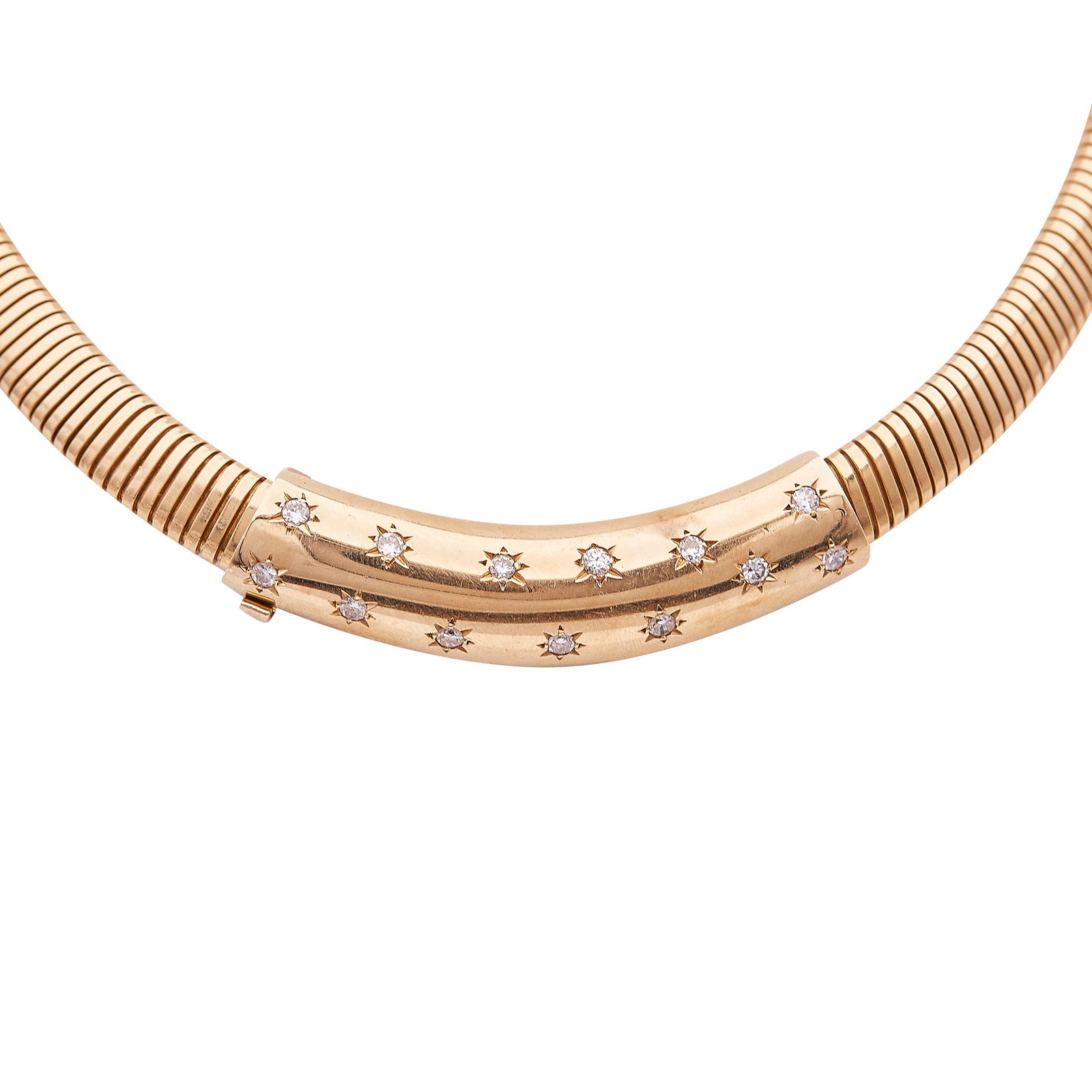 Retro 14K Yellow Gold and Diamond Tubogas Gaspipe Necklace: METAL: 14K Yellow Gold; APPROXIMATE TOTAL DIAMOND WEIGHT: 0.39 ctw; STAMPED: Saks Fifth Ave, numbered; TESTED: 14K Yellow Gold; CONDITION: Pre-owned, Very Good; ITEM WEIGHT (GRAMS): 52.9 g; MEASUREMEN