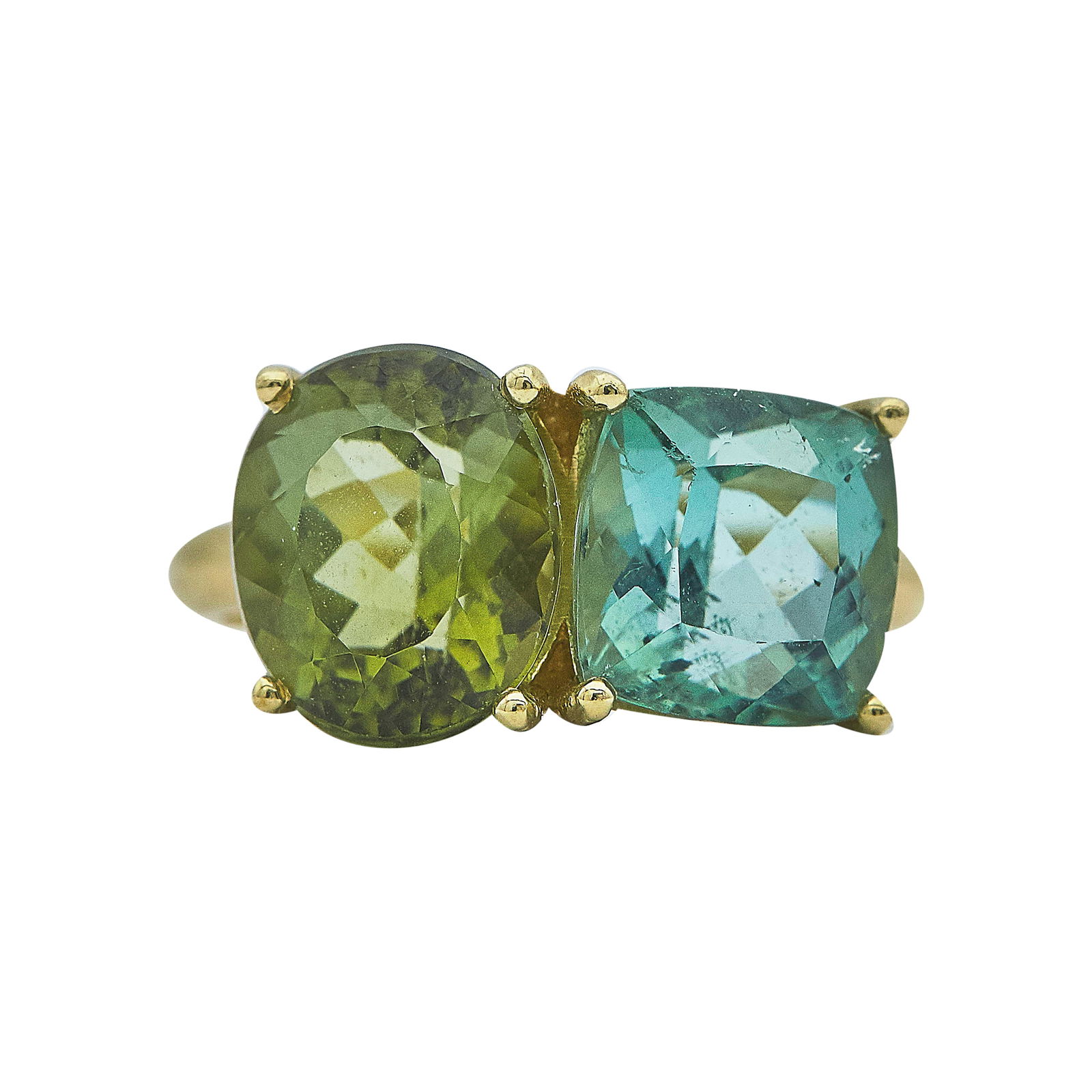 Irene Neuwirth 18K Yellow Gold and Two-Stone Tourmaline Ring: BRAND: Irene Neuwirth; METAL: 18K Yellow Gold; GEMSTONES: Tourmalines approx. 3.58 carats and 2.69 carats each; STAMPED: IRENE, 18K, 750; CONDITION: Pre-owned, Very Good; ITEM WEIGHT (GRAMS): 7.31 g;