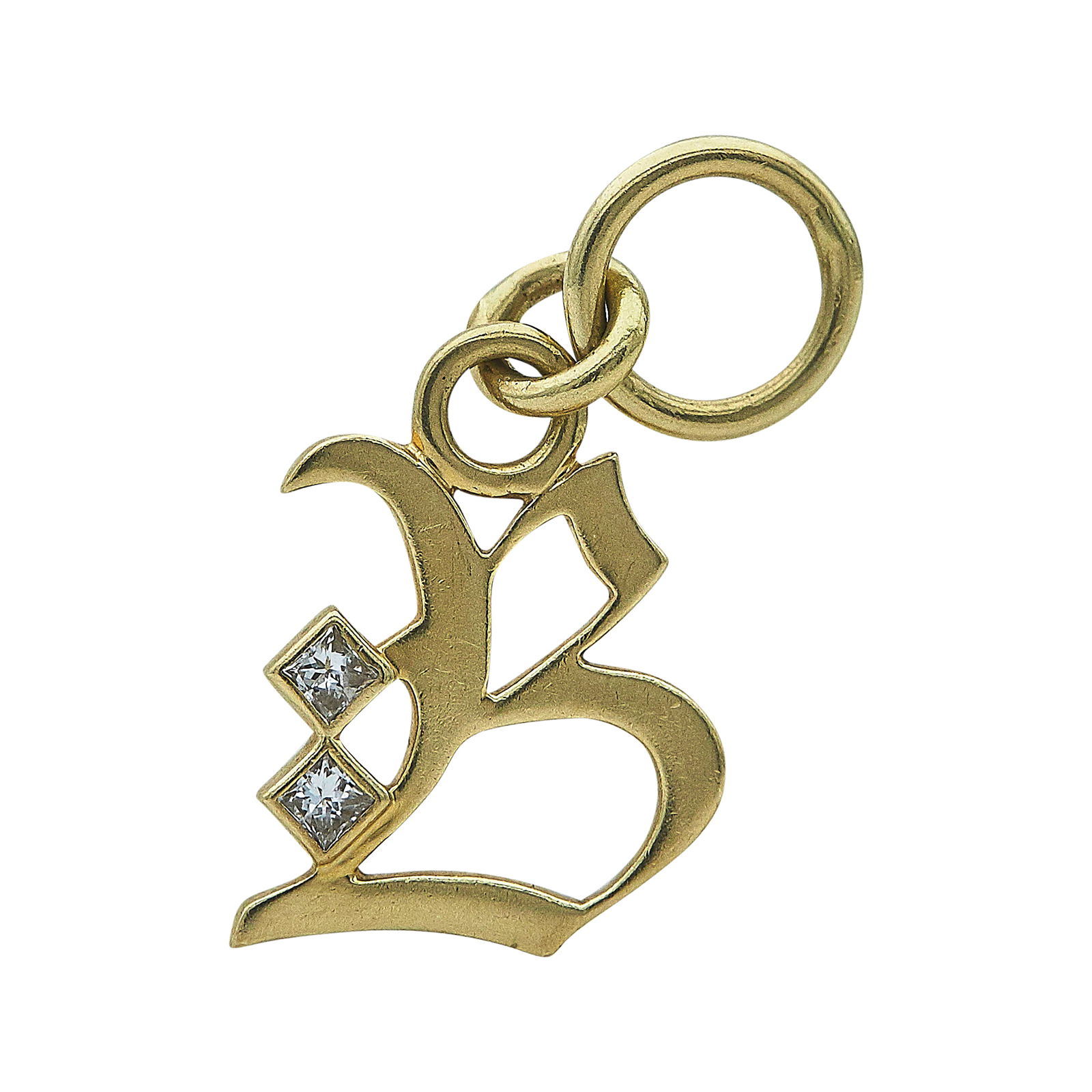 Foundrae 18K Yellow Gold and Diamond Initial "B" Pendant Charm: BRAND: Foundrae; METAL: 18K Yellow Gold; APPROXIMATE TOTAL DIAMOND WEIGHT: 0.03 ctw; STAMPED: 18K, Foundrae; CONDITION: Pre-owned, Very Good; ITEM WEIGHT (GRAMS): 1.31 g; MEASUREMENTS: Charm 7/8 inch
