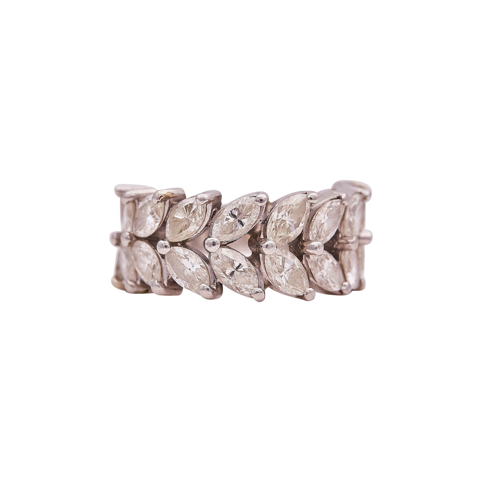 Platinum And Marquise Diamond Approx. 3.60 CTTW Half-Eternity Band Ring: METAL: Platinum; APPROXIMATE TOTAL DIAMOND WEIGHT: 3.60 ctw; STAMPED: plat; CONDITION: Pre-owned, Good; ITEM WEIGHT (GRAMS): 11 g; MEASUREMENTS: Ring size 6.5; ring measures approx. 3/8 inch in width