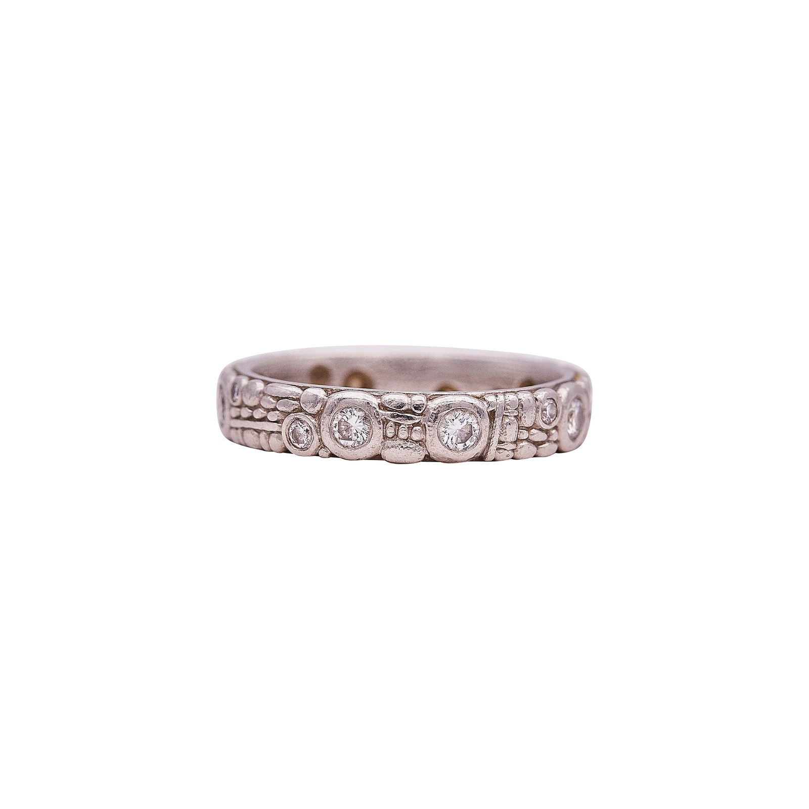 Alex Sepkus Platinum Diamond Modernist Eternity Band Ring: BRAND: Alex Sepkus; METAL: Platinum; APPROXIMATE TOTAL DIAMOND WEIGHT: 0.35 ctw; STAMPED: maker's mark, plat; CONDITION: Pre-owned, Good; ITEM WEIGHT (GRAMS): 9 g; MEASUREMENTS: Ring size 6.25