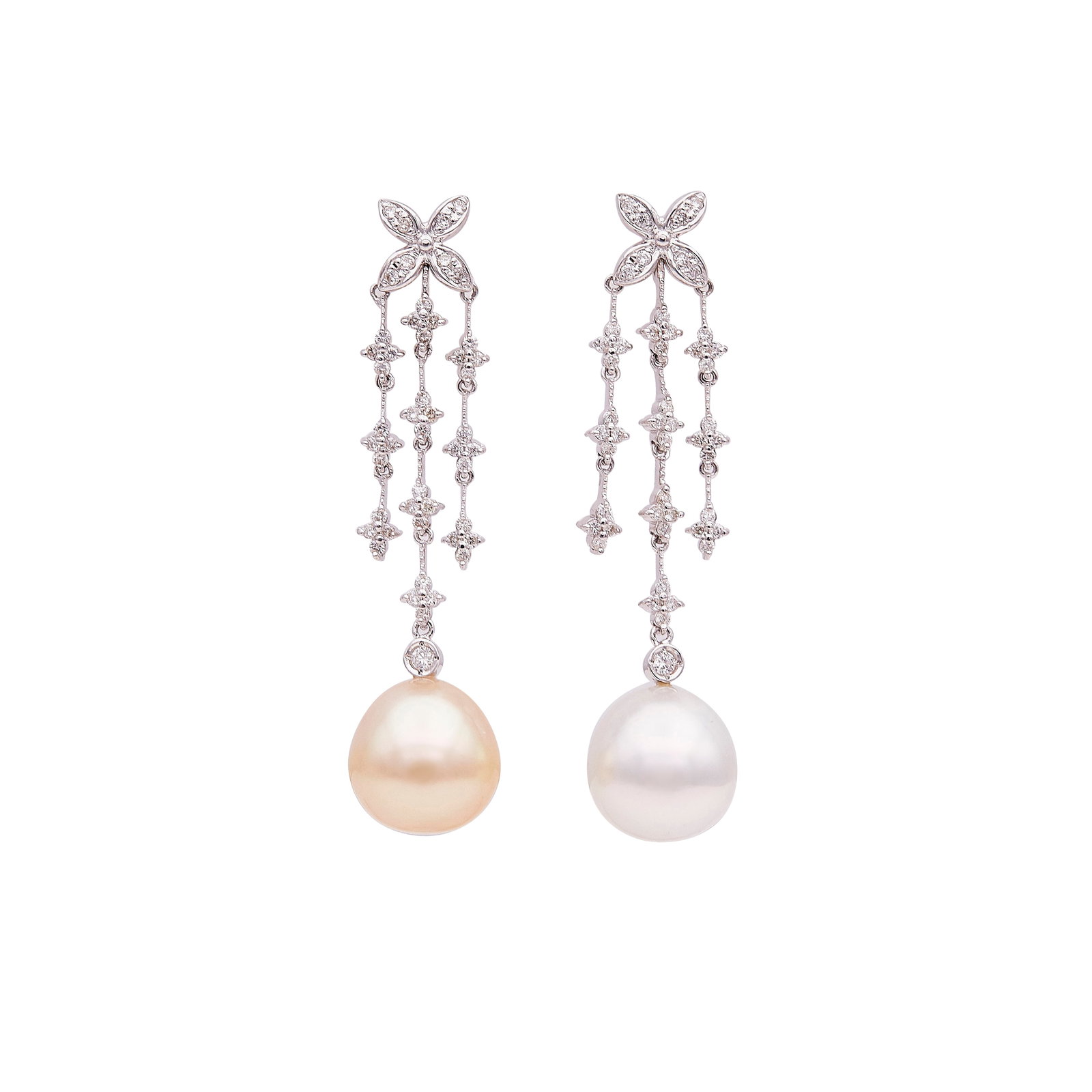 18K White Gold Diamond And Pearl Earrings With White And Gold Cultured Pearl Drops: METAL: 18K White Gold; APPROXIMATE TOTAL DIAMOND WEIGHT: 0.70 ctw; GEMSTONES: White cultured pearl measuring approx. 11.90mm in diameter, golden cultured pearl measuring approx. 11.95mm in diameter; S
