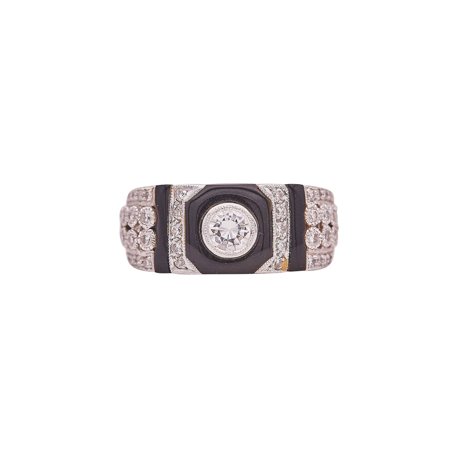 18K White Gold Diamond And Onyx Inlay Band Ring: METAL: 18K White Gold; APPROXIMATE TOTAL DIAMOND WEIGHT: 0.28 ctw; GEMSTONES: Onyx; STAMPED: 750, D28; CONDITION: Pre-owned, Good; ITEM WEIGHT (GRAMS): 6.1 g; MEASUREMENTS: Ring size 6, ring measures