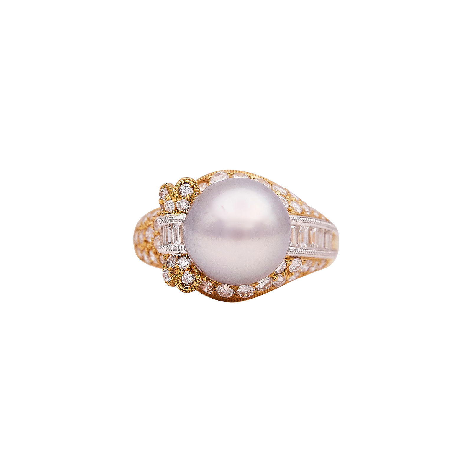 18K Yellow Gold Tahitian Cultured Pearl And Mixed-Cut Diamond Ring: METAL: 18K Yellow Gold; APPROXIMATE TOTAL DIAMOND WEIGHT: 1 ctw; GEMSTONES: 1 Tahitian Cultured Pearl measuring approx. 10mm in diameter; STAMPED: 750, makers mark; CONDITION: Pre-owned, Good; ITEM WE