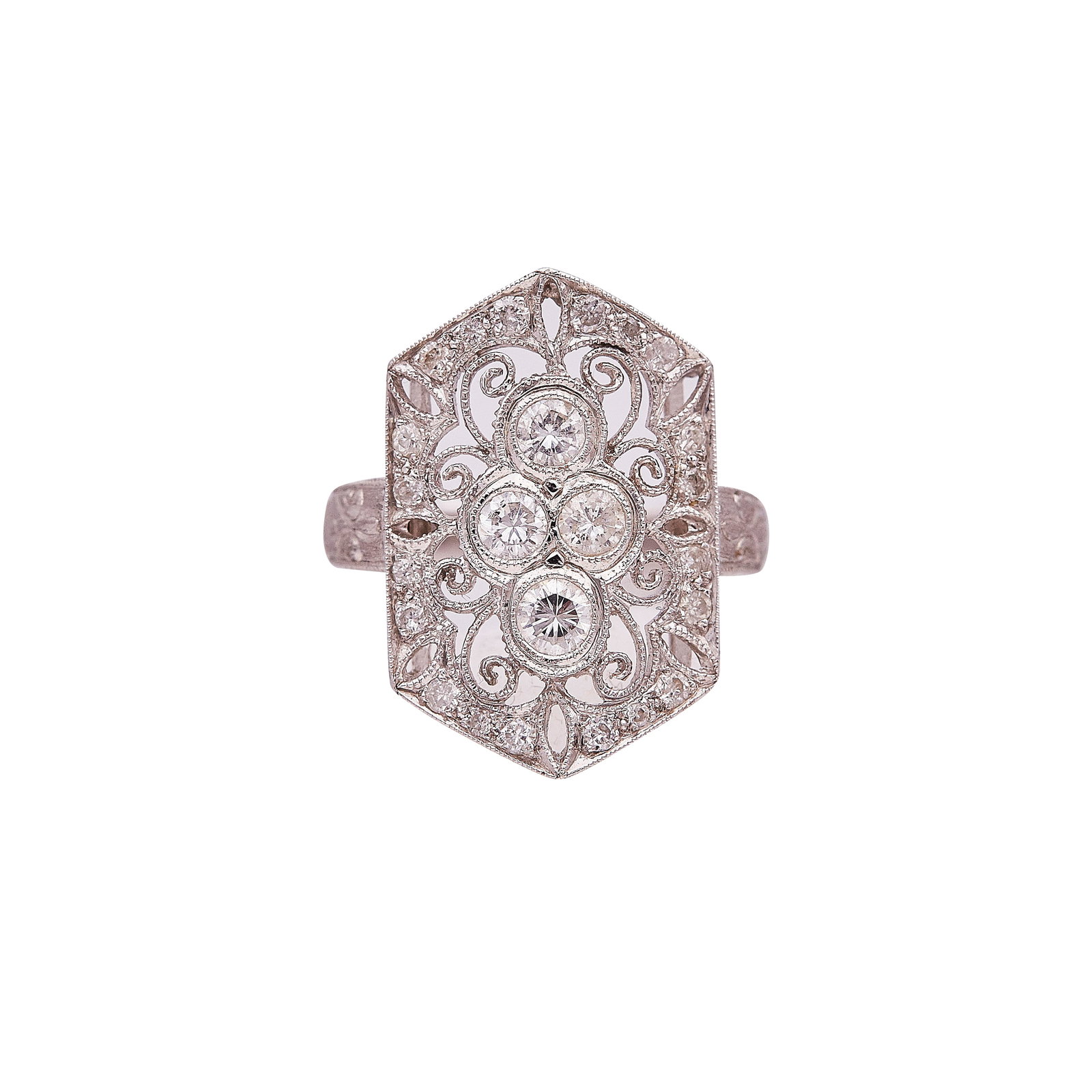 Edwardian-Style 18K White Gold Diamond Filigree Plaque Ring: METAL: 18K White Gold; APPROXIMATE TOTAL DIAMOND WEIGHT: 0.55 ctw; STAMPED: 18K; CONDITION: Pre-owned, Good; ITEM WEIGHT (GRAMS): 4.1 g; MEASUREMENTS: Ring size 6; ring top measures approx. 7/8 inch b