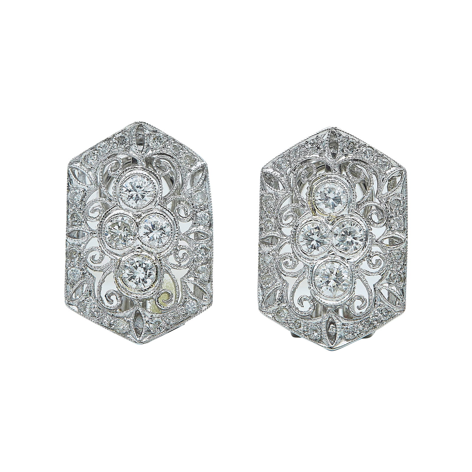Edwardian-Style 18K White Gold Diamond Filigree Earrings: METAL: 18K White Gold; APPROXIMATE TOTAL DIAMOND WEIGHT: 1.10 ctw; STAMPED: 750 18K; CONDITION: Pre-owned, Good; ITEM WEIGHT (GRAMS): 8 g; MEASUREMENTS: Earrings measure approx. 3/4 inch in length by