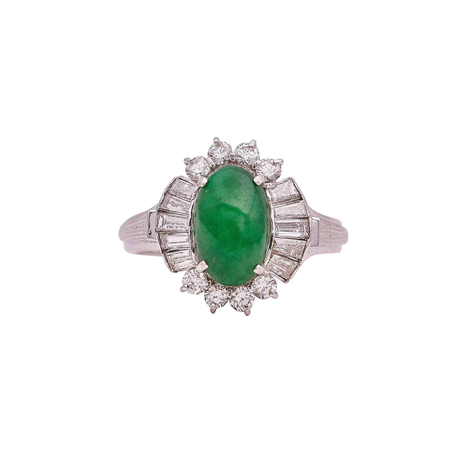 Platinum Jade And Diamond Halo Ring: METAL: Platinum; APPROXIMATE TOTAL DIAMOND WEIGHT: 0.90 ctw; GEMSTONES: Jade cabochon weighing approx. 2.15 carats; STAMPED: MG, PLAT; CONDITION: Pre-owned, Good; ITEM WEIGHT (GRAMS): 6.7 g; MEASUREME