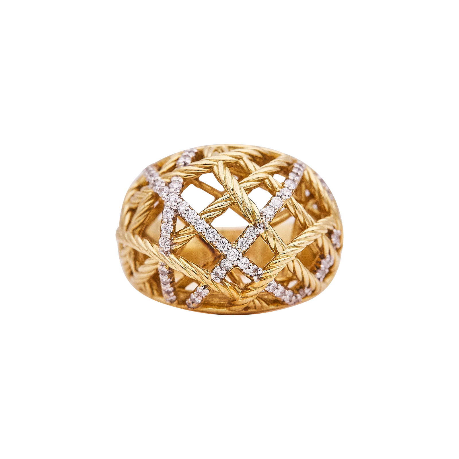 David Yurman Intricate 18K Yellow Gold And Pave Diamond Openwork Bombe Ring: BRAND: David Yurman; METAL: 18K Yellow Gold; APPROXIMATE TOTAL DIAMOND WEIGHT: 0.23 ctw; STAMPED: D.Y. 750, makers mark; CONDITION: Pre-owned, Good; ITEM WEIGHT (GRAMS): 15.2 g; MEASUREMENTS: Ring siz