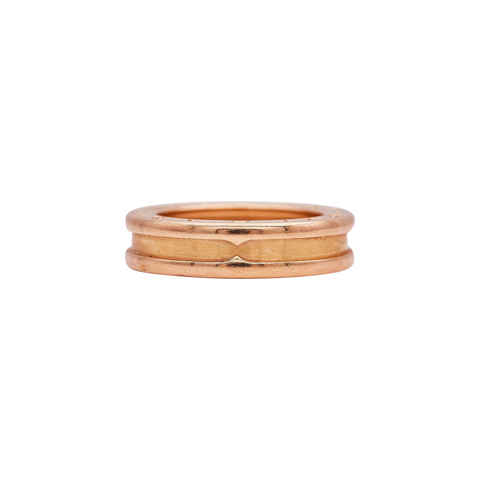 18K Rose Gold Band Ring: METAL: 18K Rose Gold; TESTED: 18K Rose Gold; CONDITION: Pre-owned, Good; ITEM WEIGHT (GRAMS): 6.3 g; MEASUREMENTS: Ring size 4; ADDITIONAL COMMENTS: spurious marks