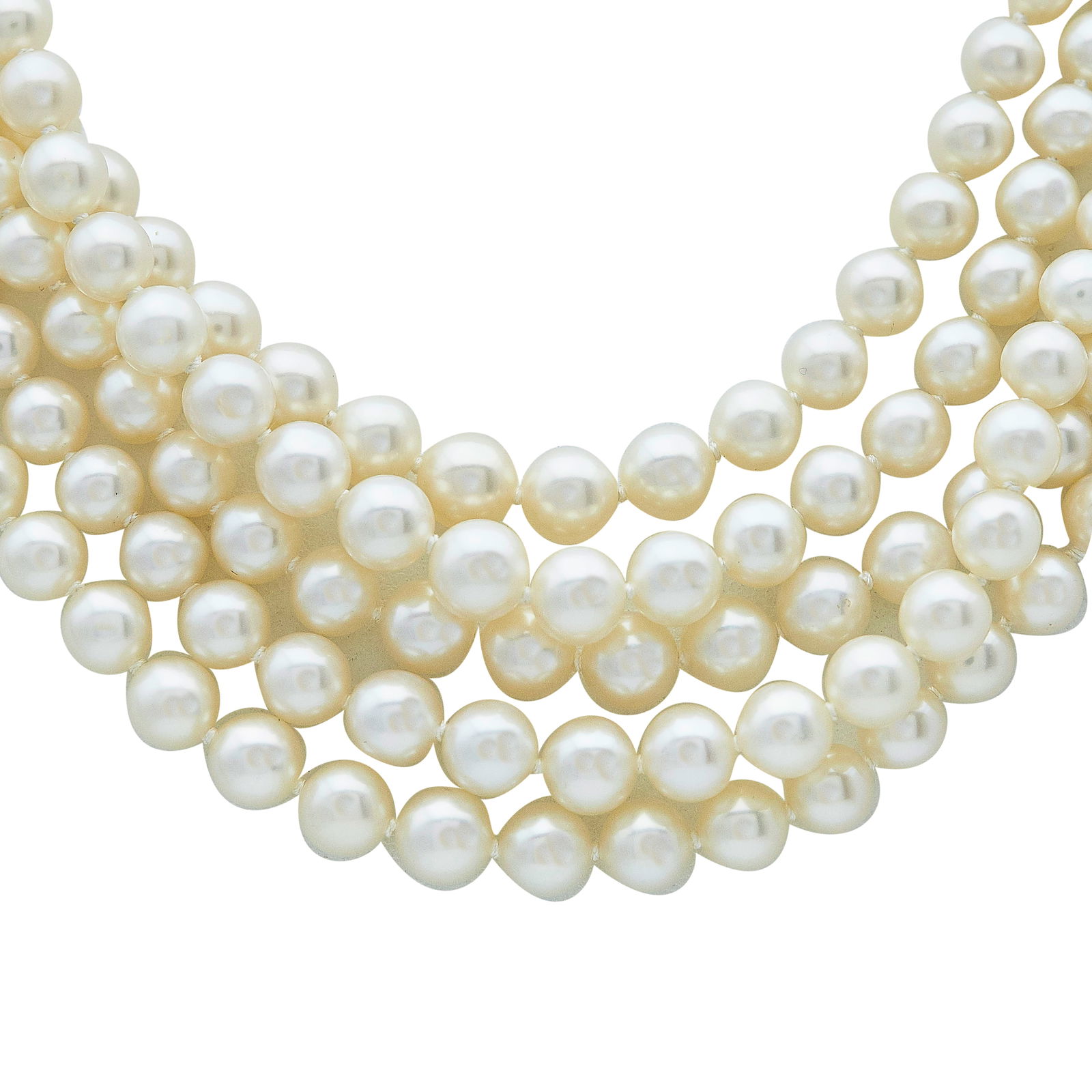Tiffany & Co. Sterling Silver and Akoya Pearl Five Strand Necklace: BRAND: Tiffany & Co.; METAL: Silver; GEMSTONES: Akoya pearls 4mm in diameter to 8mm in diameter; STAMPED: © T & Co., 925; CONDITION: Pre-owned, Very Good; ITEM WEIGHT (GRAMS): 90 g; MEASUREMENTS: Nec