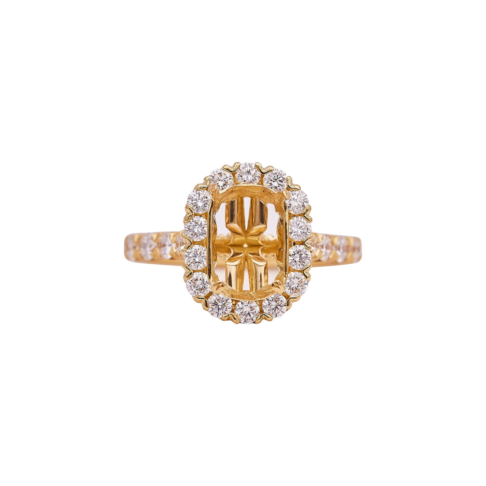 18K Yellow Gold and Diamond Ring Setting: METAL: 18K Yellow Gold; APPROXIMATE TOTAL DIAMOND WEIGHT: 0.79 ctw; STAMPED: Maker's mark, 750, numbered; CONDITION: Pre-owned, Good; ITEM WEIGHT (GRAMS): 5.73 g; MEASUREMENTS: Ring size 7 1/4, Center