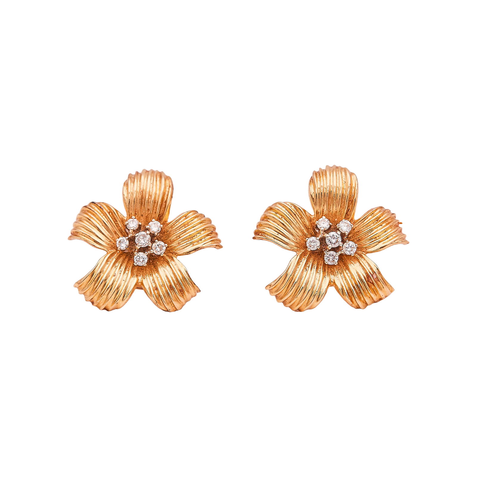 14K Yellow Gold and Diamond Flower Earrings: METAL: 14K Yellow Gold; APPROXIMATE TOTAL DIAMOND WEIGHT: 0.50 ctw; STAMPED: 14k, rubbed maker's mark; CONDITION: Pre-owned, Good; ITEM WEIGHT (GRAMS): 16.61 g; MEASUREMENTS: Earrings 1 inch long; ADD