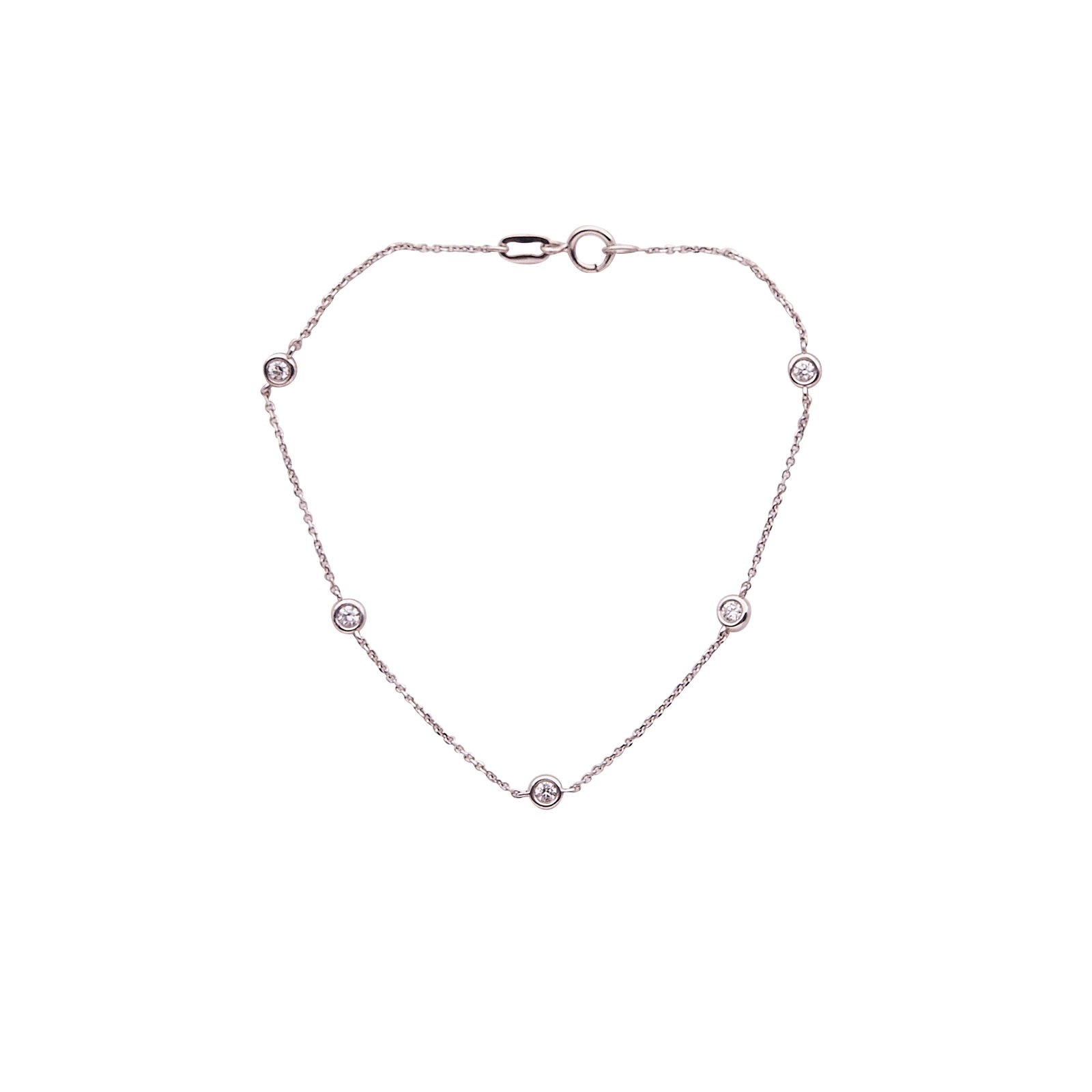 14K White Gold and Diamond Station Bracelet: METAL: 14K White Gold; APPROXIMATE TOTAL DIAMOND WEIGHT: 0.25 ctw; STAMPED: 585; CONDITION: Pre-owned, Very Good; ITEM WEIGHT (GRAMS): 1.04 g; MEASUREMENTS: Bracelet 6 1.4 inches long