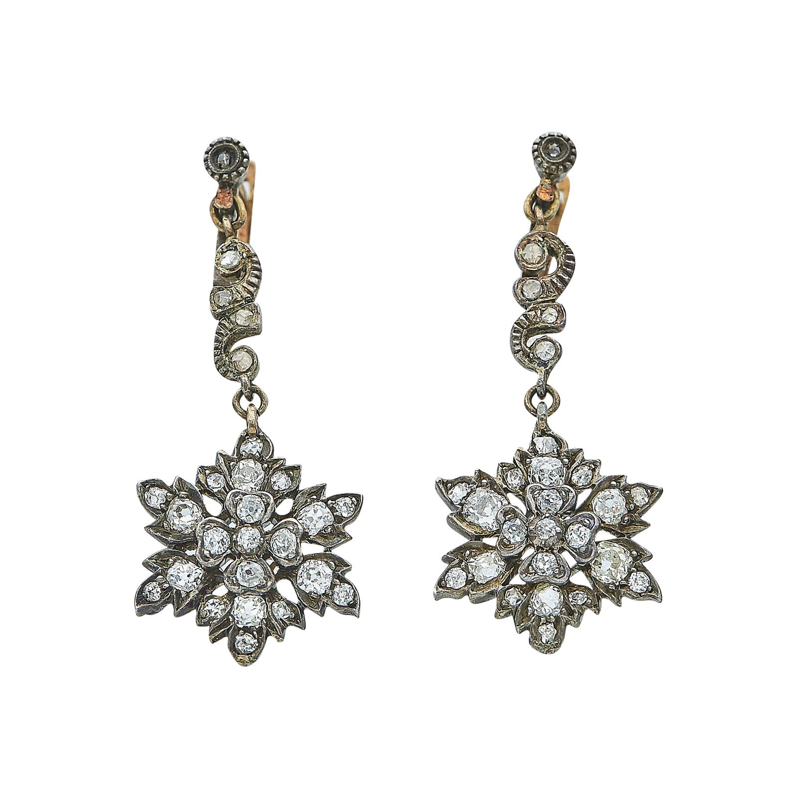 Antique 18K Yellow Gold And Blackened Silver Diamond Drop Earrings: METAL: 18K Yellow Gold/Silver; APPROXIMATE TOTAL DIAMOND WEIGHT: 0.80 ctw; GEMSTONES: Rose cut diamonds; STAMPED: faded marks; TESTED: 18K Yellow Gold/Silver; CONDITION: Pre-owned, Good; ITEM WEIGHT (