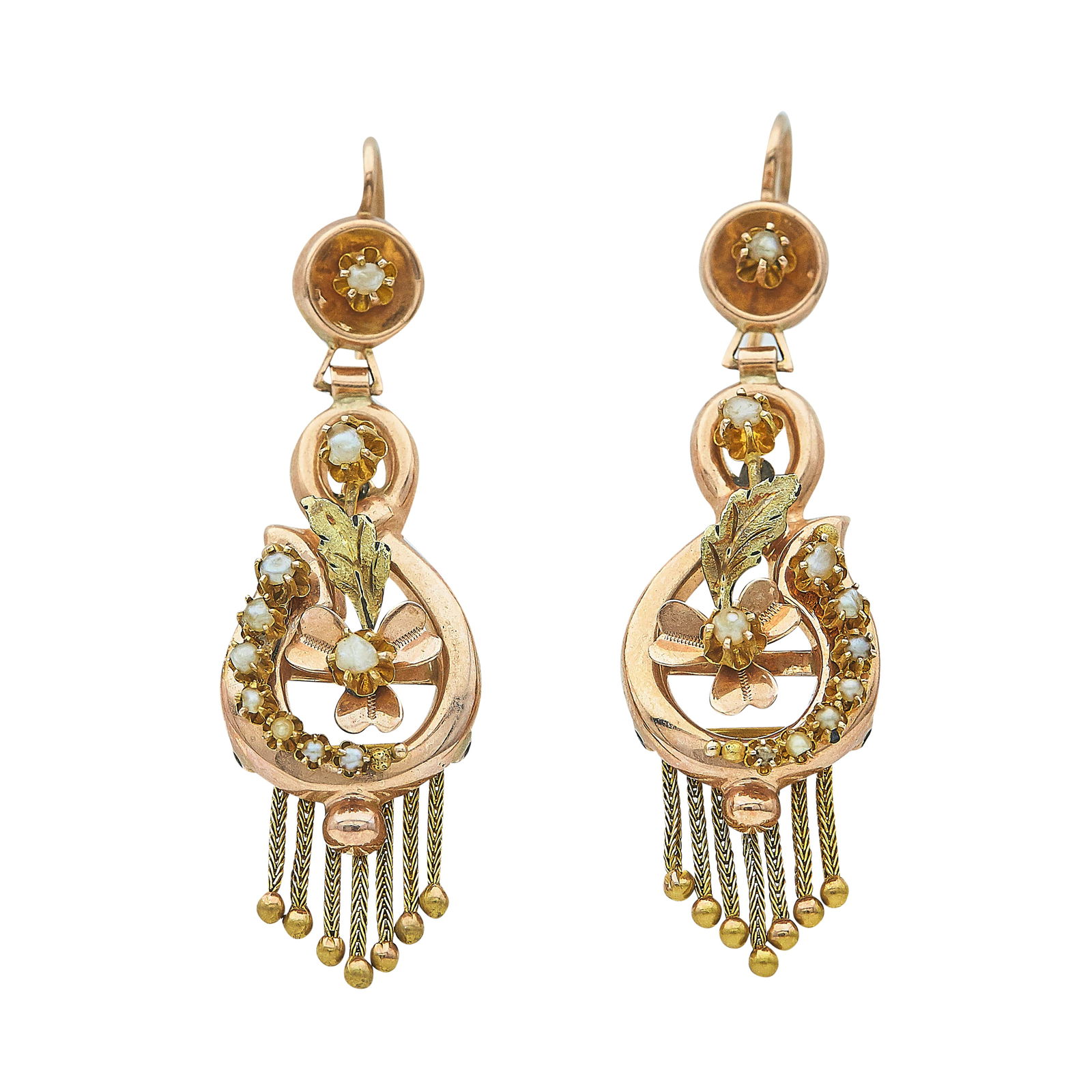 14K Yellow And Rose Gold Seed Pearl Drop Earrings With Tassel Accents: METAL: 14K Yellow Gold/Rose Gold; GEMSTONES: Seed Pearl; TESTED: 14K Yellow Gold/Rose Gold; CONDITION: Pre-owned, Good; ITEM WEIGHT (GRAMS): 7.5 g; MEASUREMENTS: Earrings measure approx. 2 inches in l