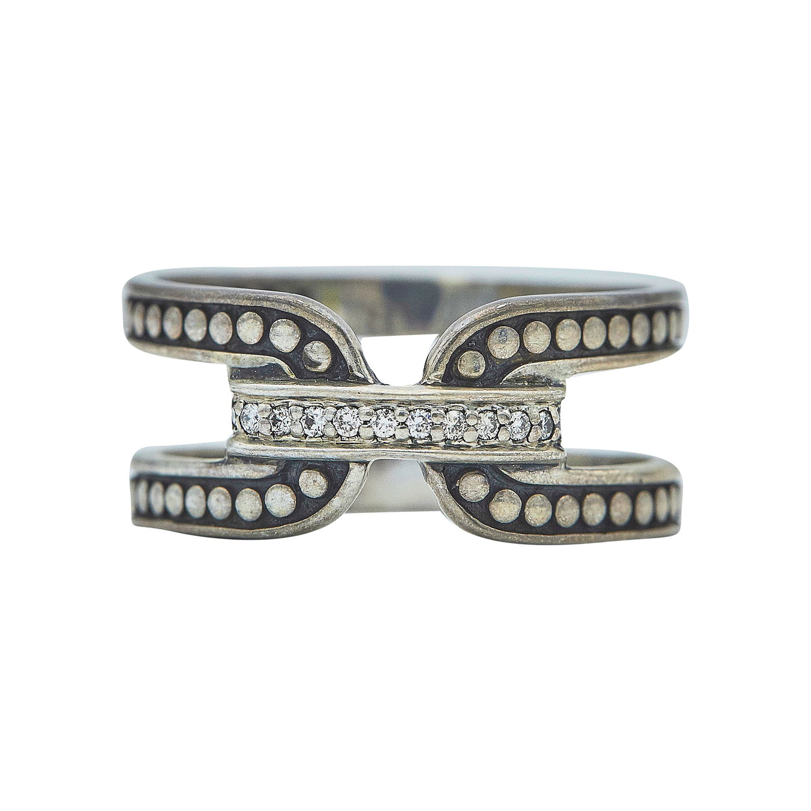 John Hardy Sterling Silver And Pave Diamond Dot Band Ring: BRAND: John Hardy; METAL: Sterling Silver; APPROXIMATE TOTAL DIAMOND WEIGHT: 0.09 ctw; STAMPED: maker's mark, 925; CONDITION: Pre-owned, Good; ITEM WEIGHT (GRAMS): 5.8 g; MEASUREMENTS: Ring size 12, r